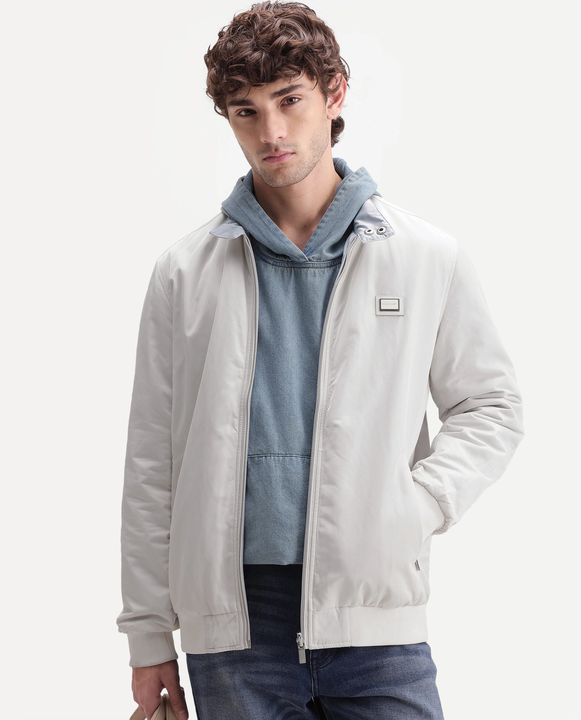 Rare Rabbit Men's Royban-26 Primary Off White Polyester High Neck Regular Plain Jacket