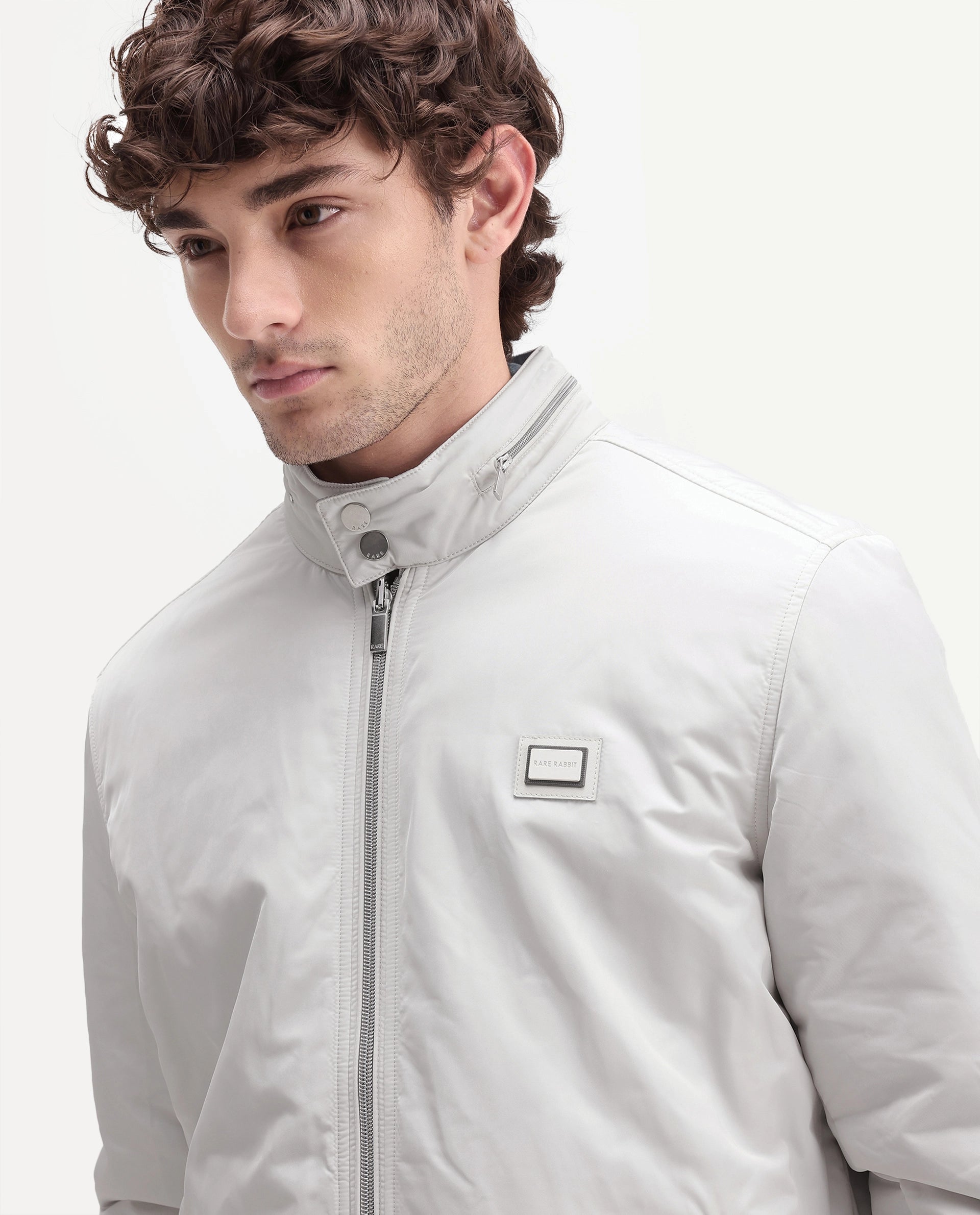 Rare Rabbit Men's Royban-26 Primary Off White Polyester High Neck Regular Plain Jacket