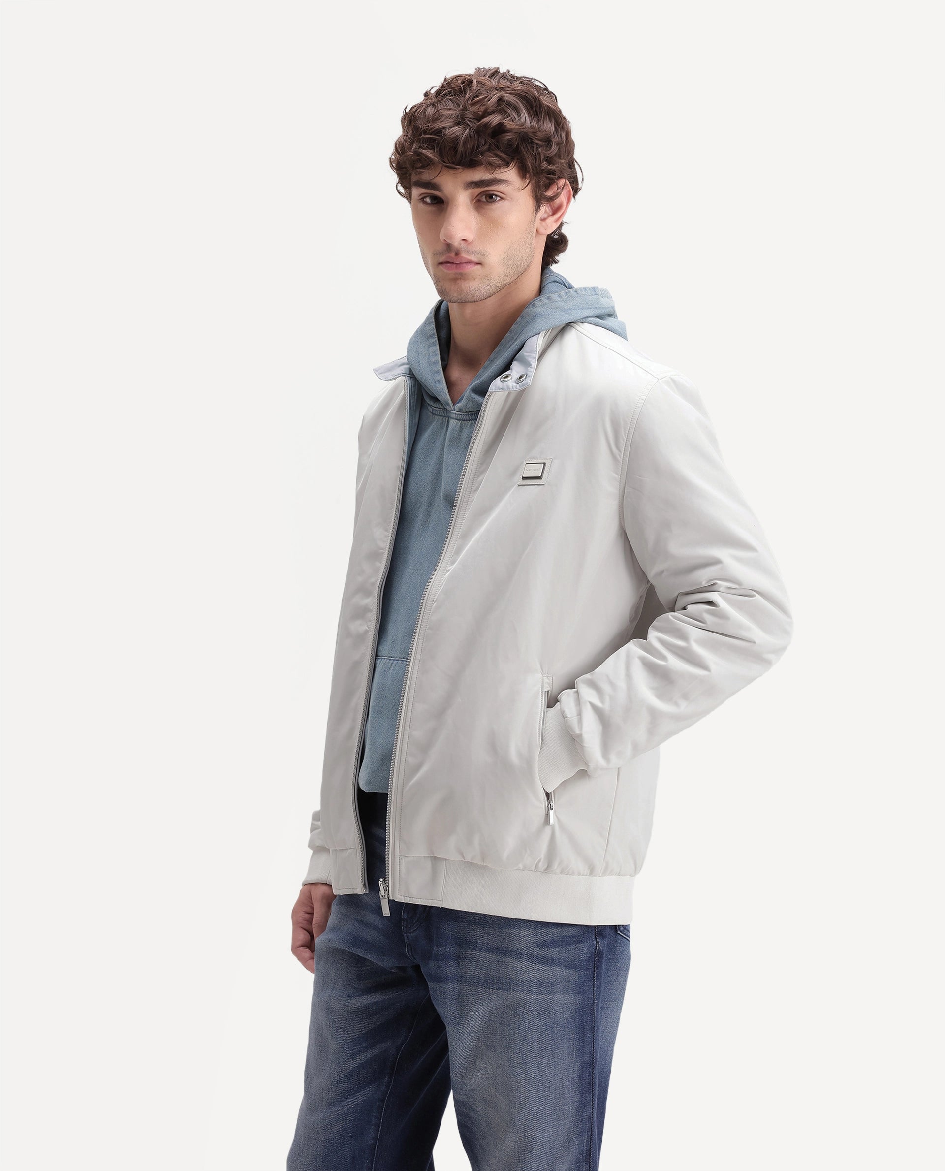Rare Rabbit Men's Royban-26 Primary Off White Polyester High Neck Regular Plain Jacket