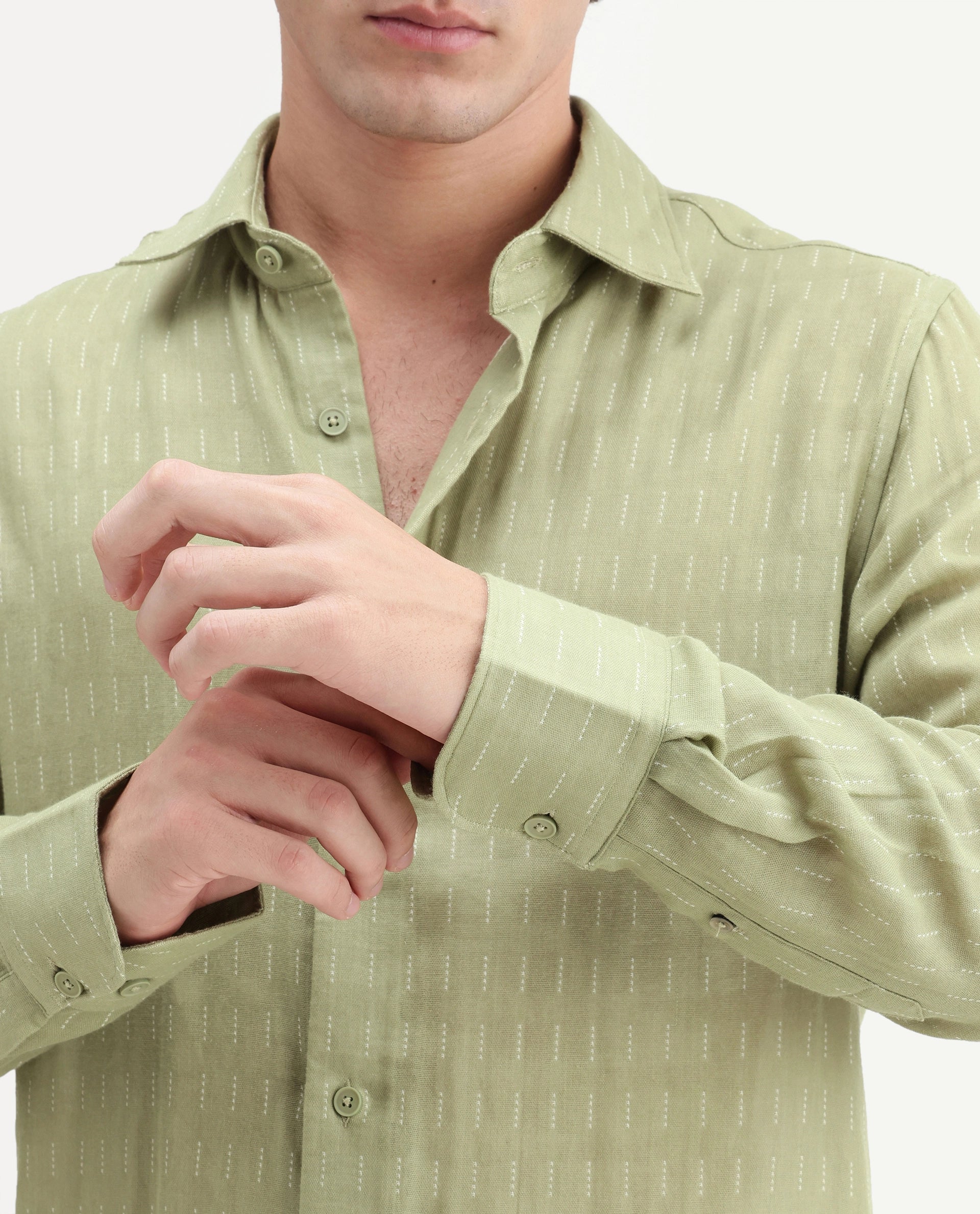 Rare Rabbit Men's Beno Dusky Green Cotton Regular Long Sleeve Striped Shirt