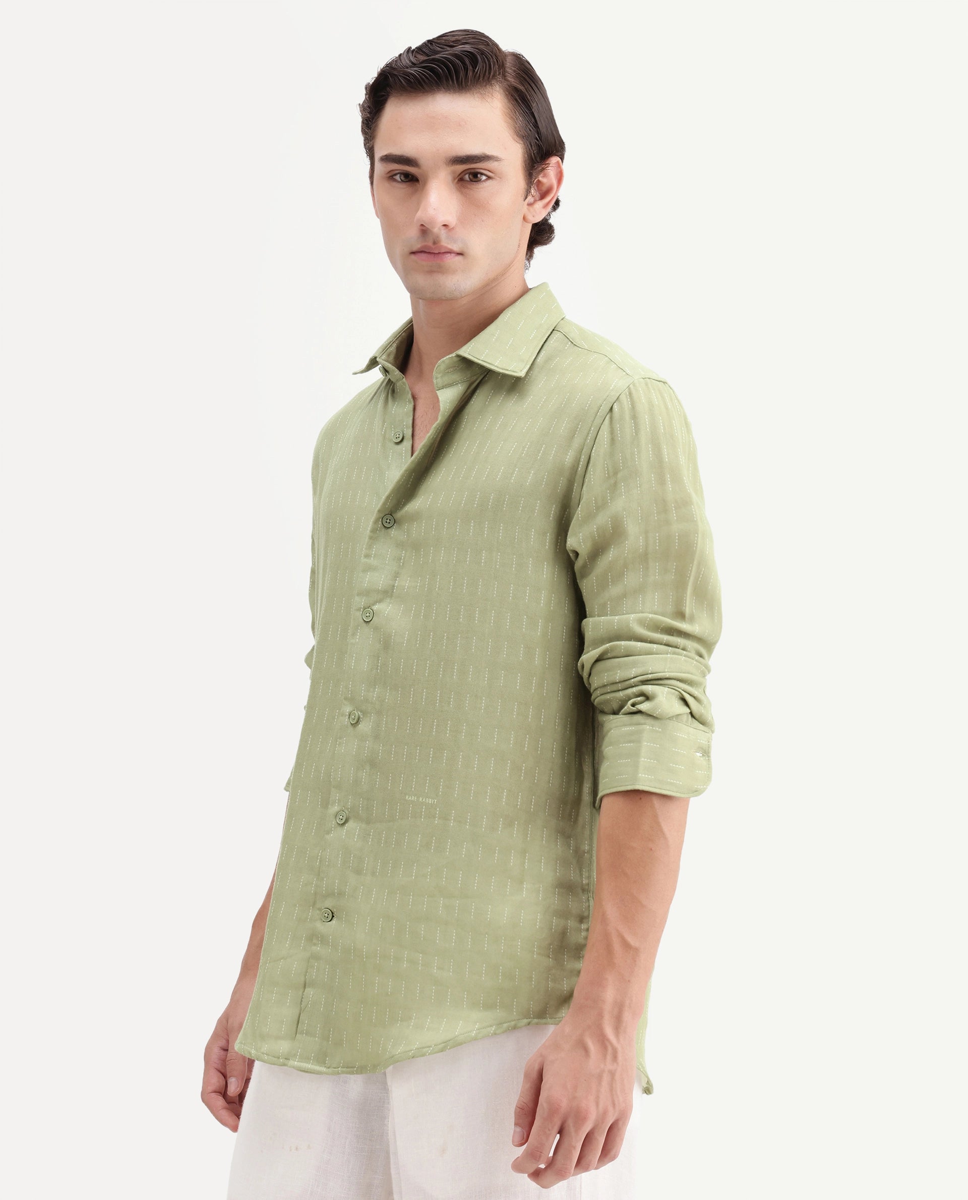 Rare Rabbit Men's Beno Dusky Green Cotton Regular Long Sleeve Striped Shirt