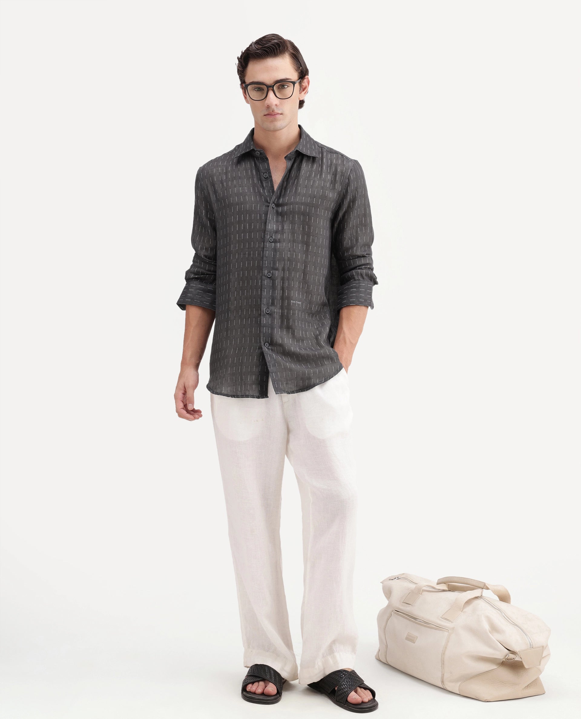 Rare Rabbit Men's Beno Dark Grey Cotton Regular Long Sleeve Striped Shirt
