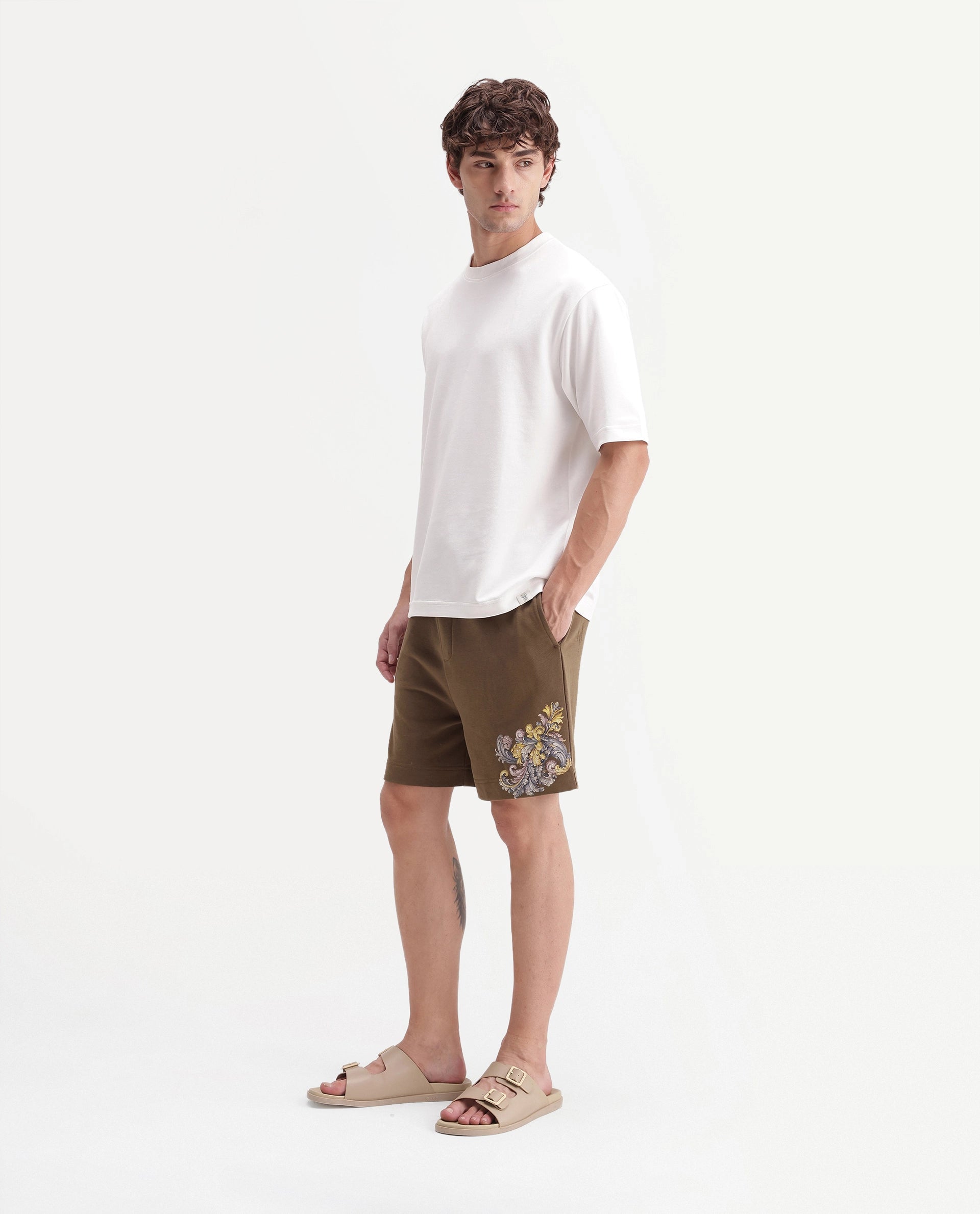 Rare Rabbit Men's Shon Dusky Brown Cotton Blend Regular Graphic Print Shorts