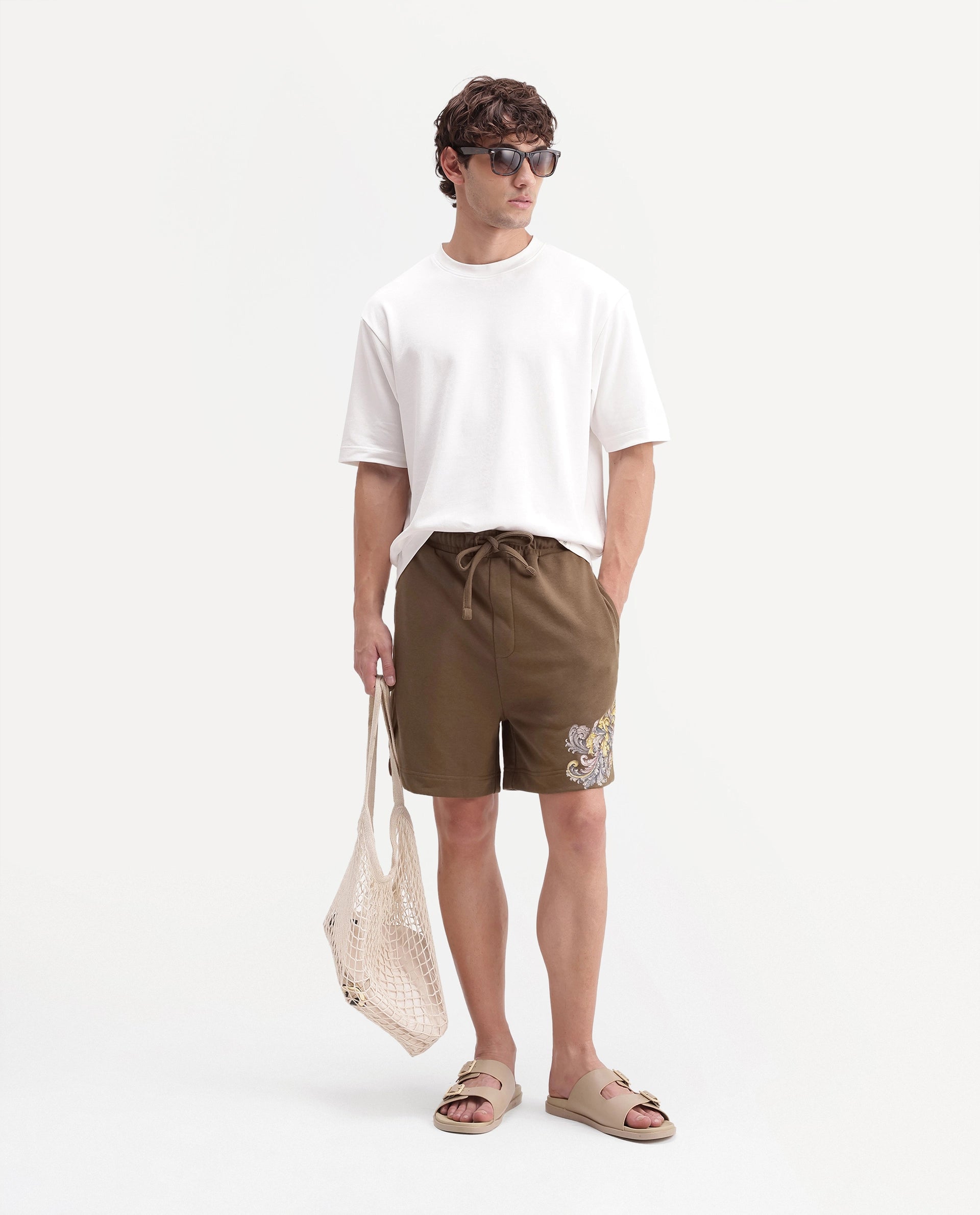 Rare Rabbit Men's Shon Dusky Brown Cotton Blend Regular Graphic Print Shorts