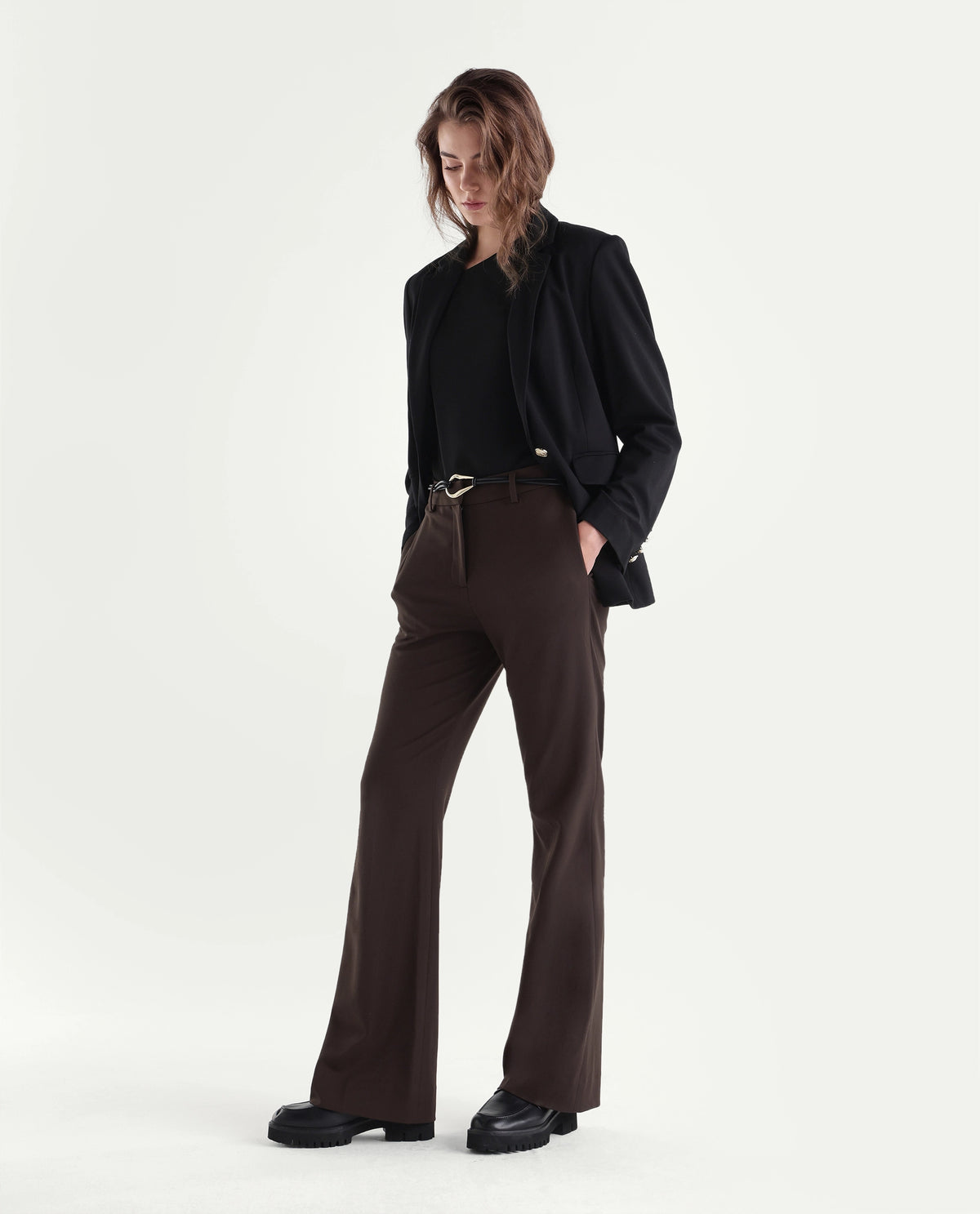 Rareism Women's Frare-Aw26 Brown Polyester Blend Bootcut Plain Trouser