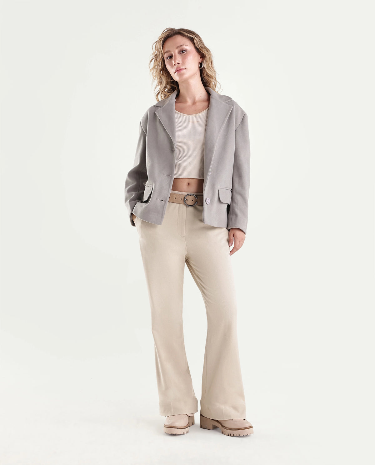 Rareism Women's Frare-Aw26 Beige Polyester Blend Bootcut Plain Trouser