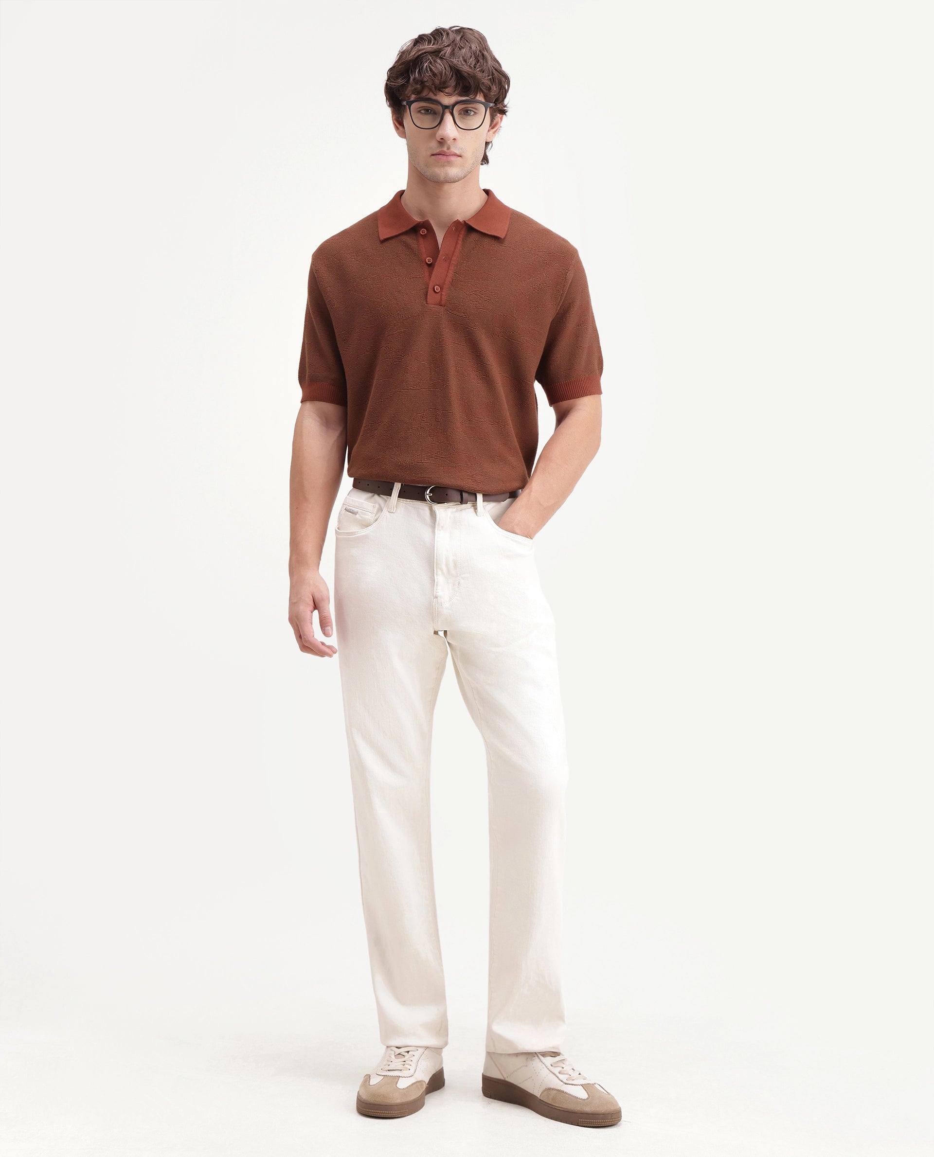 Rare Rabbit Men's Gera Rust Cotton Spread Collar Button Regular Fit Jacquard Print Polo