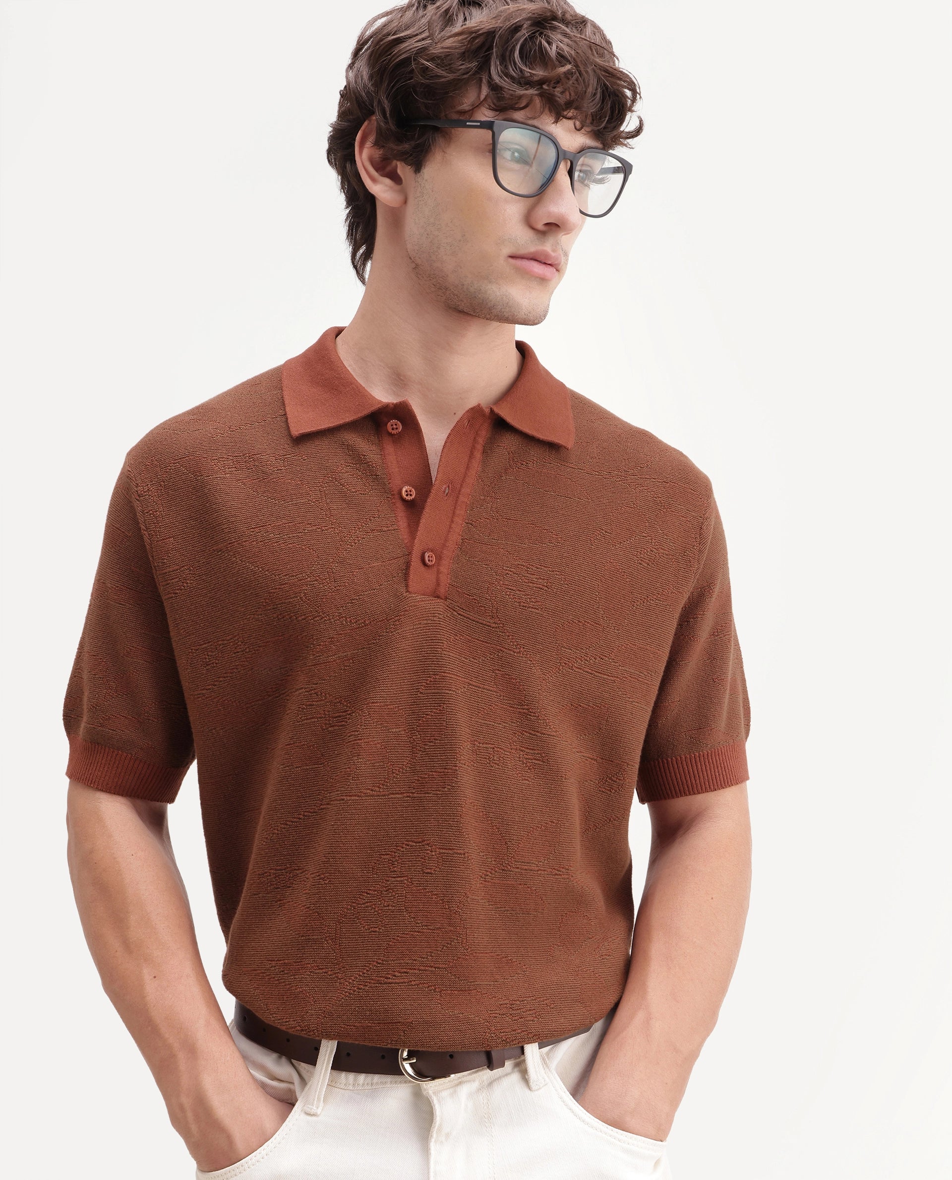 Rare Rabbit Men's Gera Rust Cotton Spread Collar Button Regular Fit Jacquard Print Polo