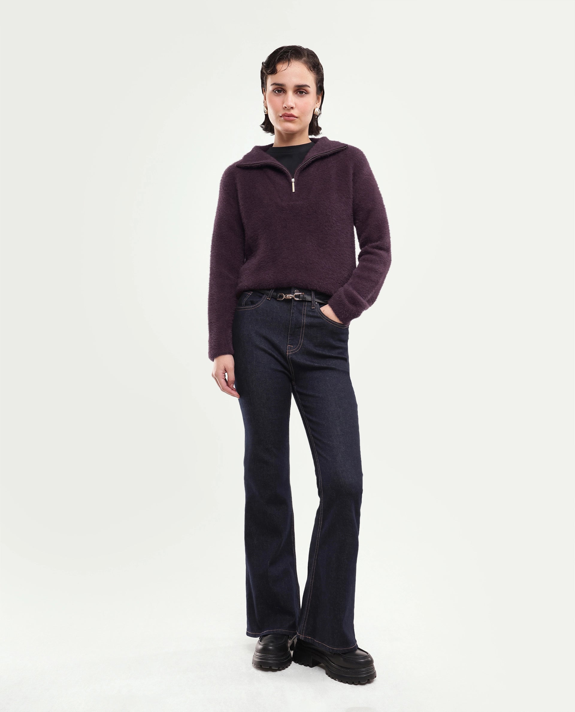 Rareism Women's Asseraw26 Dark Maroon Plain Nylon Blend Relaxed Long Sleeves Sweater