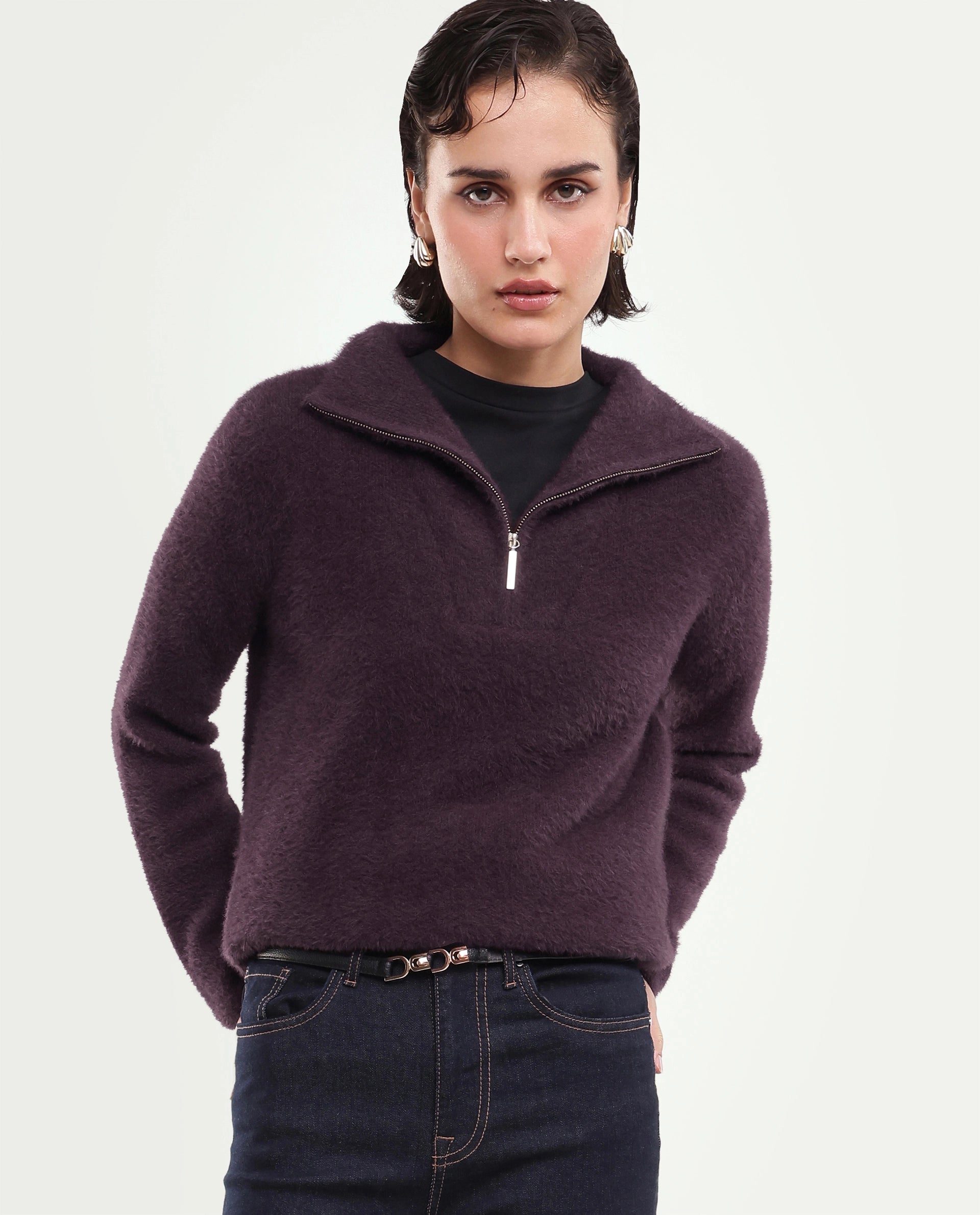 Rareism Women's Asseraw26 Dark Maroon Plain Nylon Blend Relaxed Long Sleeves Sweater