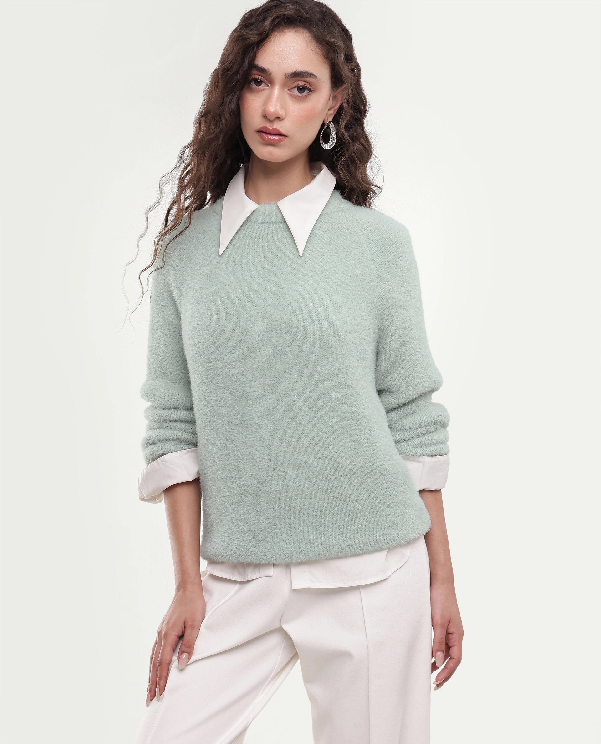 Rareism Women's Mitsi Light Blue Plain Nylon Relaxed Long Sleeves Sweater