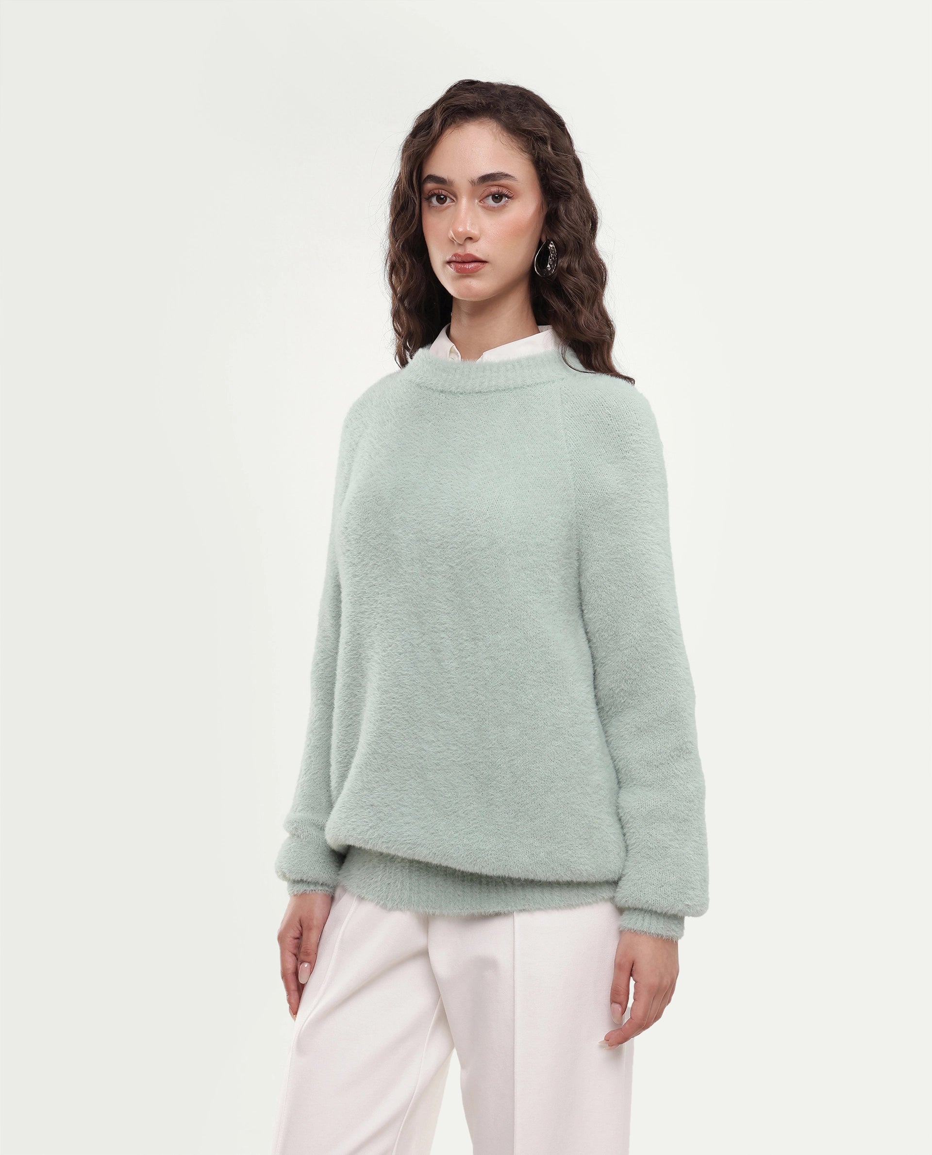 Rareism Women's Mitsi Light Blue Plain Nylon Relaxed Long Sleeves Sweater