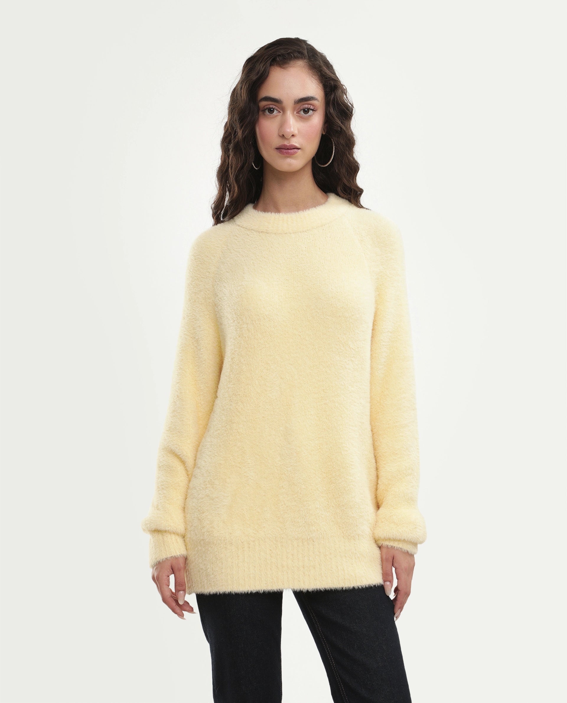 Rareism Women's Mitsi Light Yellow Nylon Crew Neck Relaxed Fit Plain Sweater