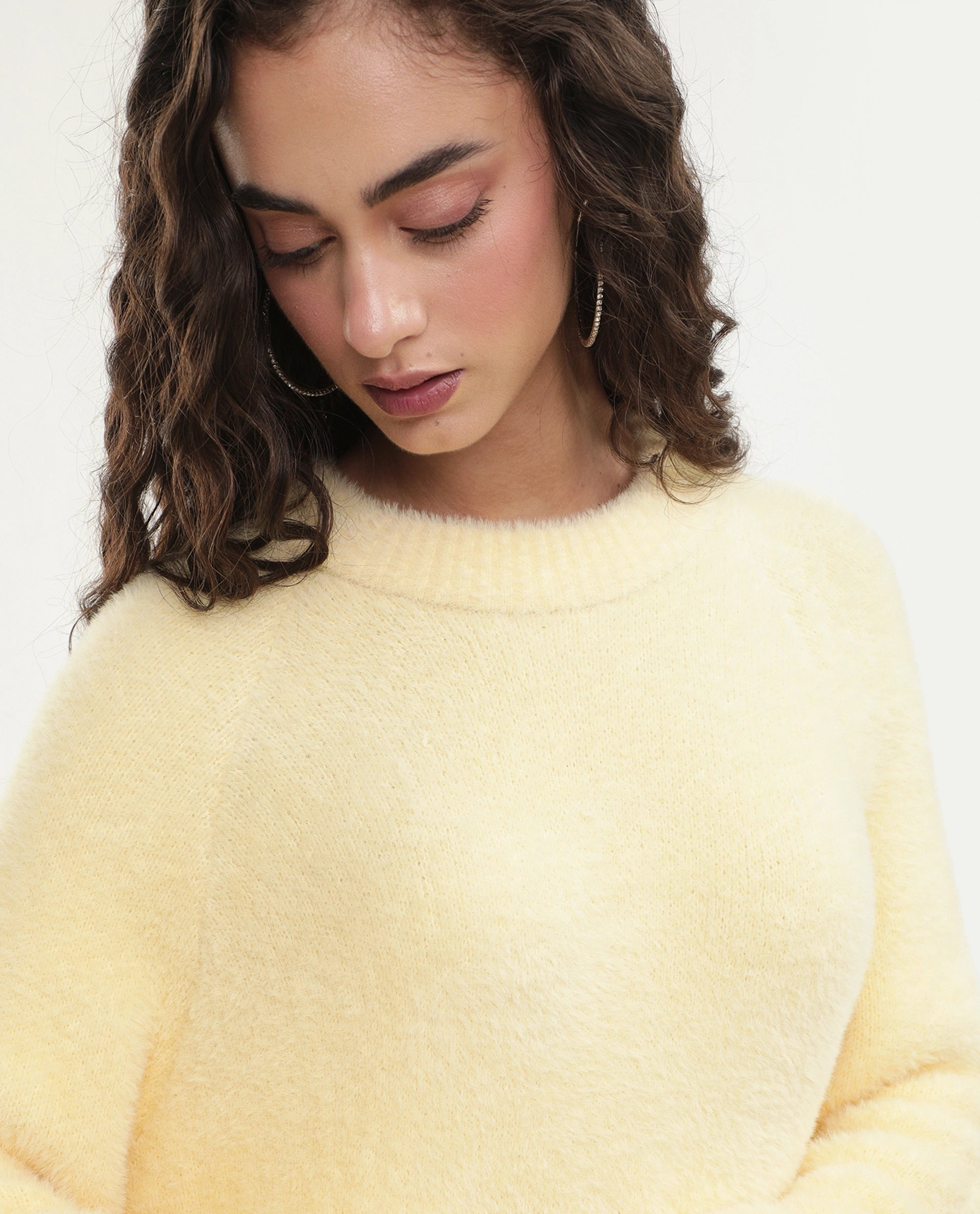 Rareism Women's Mitsi Light Yellow Nylon Crew Neck Relaxed Fit Plain Sweater