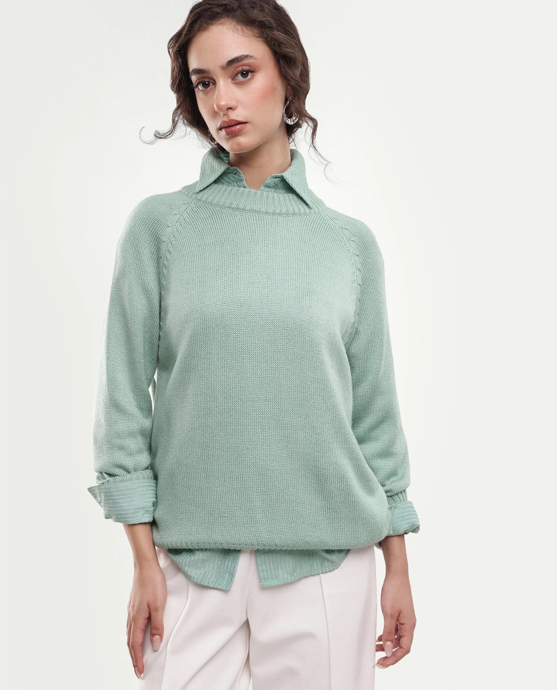 Rareism Women's Mitso Light Blue Plain Acrylic Relaxed Long Sleeves Sweater