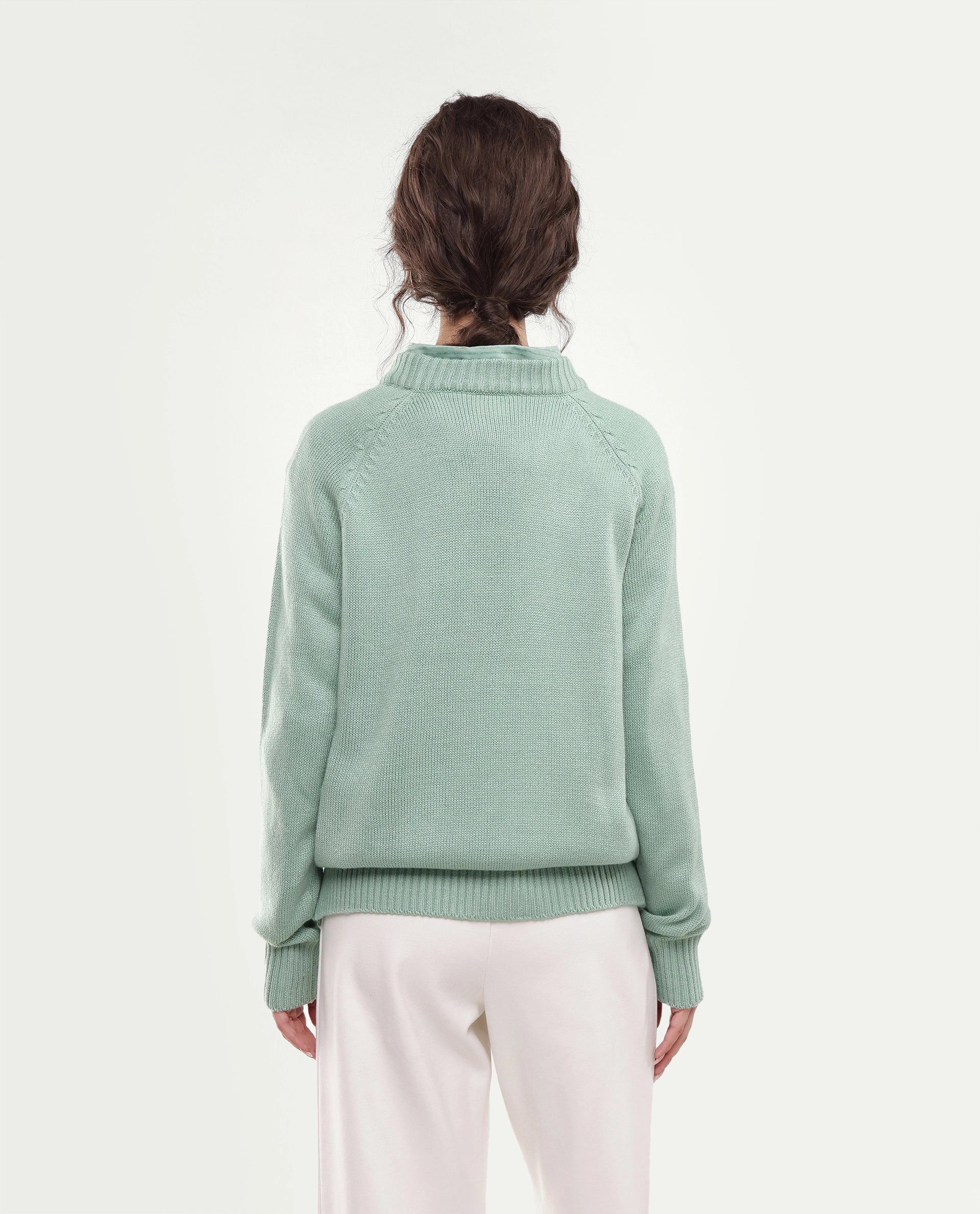 Rareism Women's Mitso Light Blue Plain Acrylic Relaxed Long Sleeves Sweater