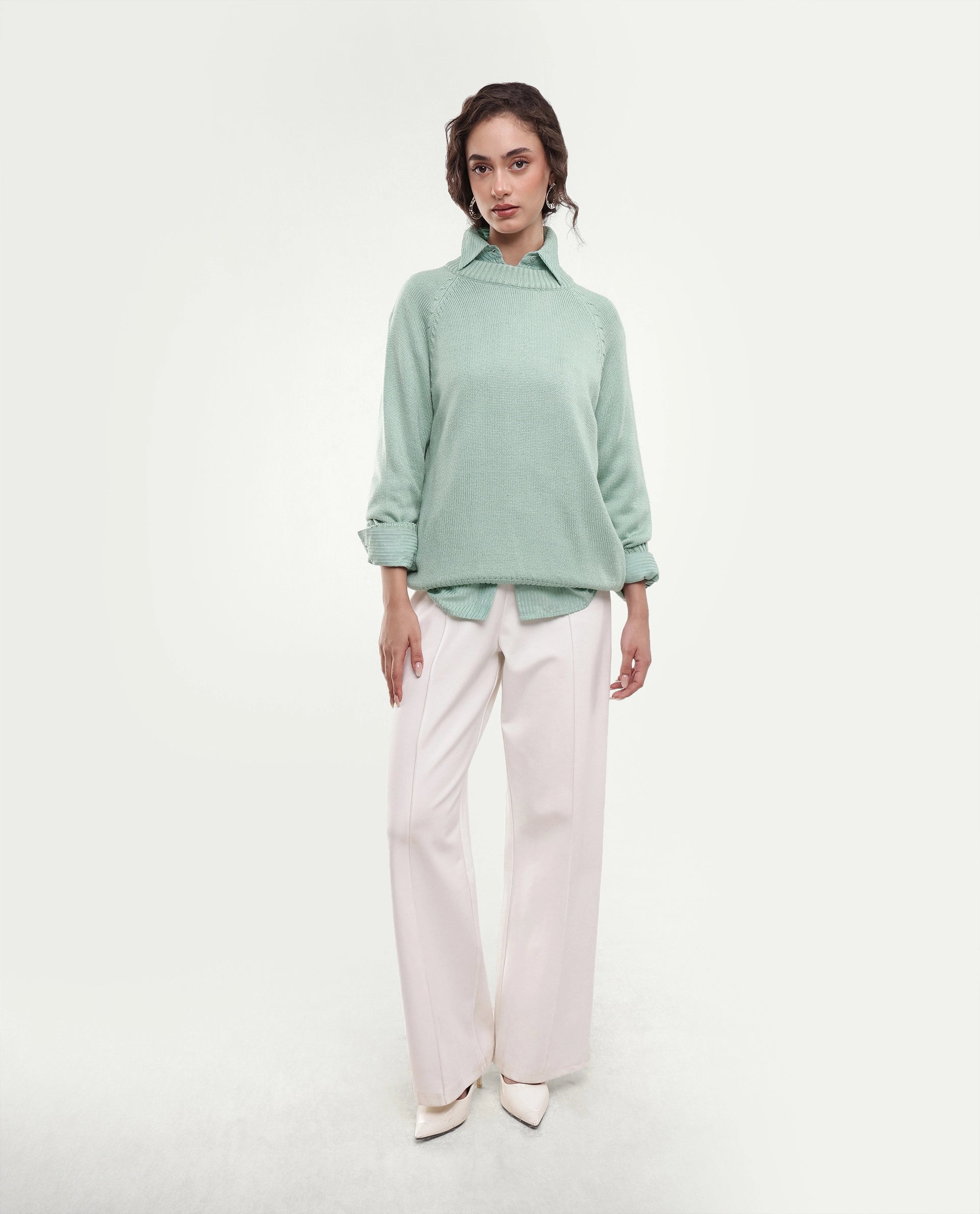 Rareism Women's Mitso Light Blue Plain Acrylic Relaxed Long Sleeves Sweater