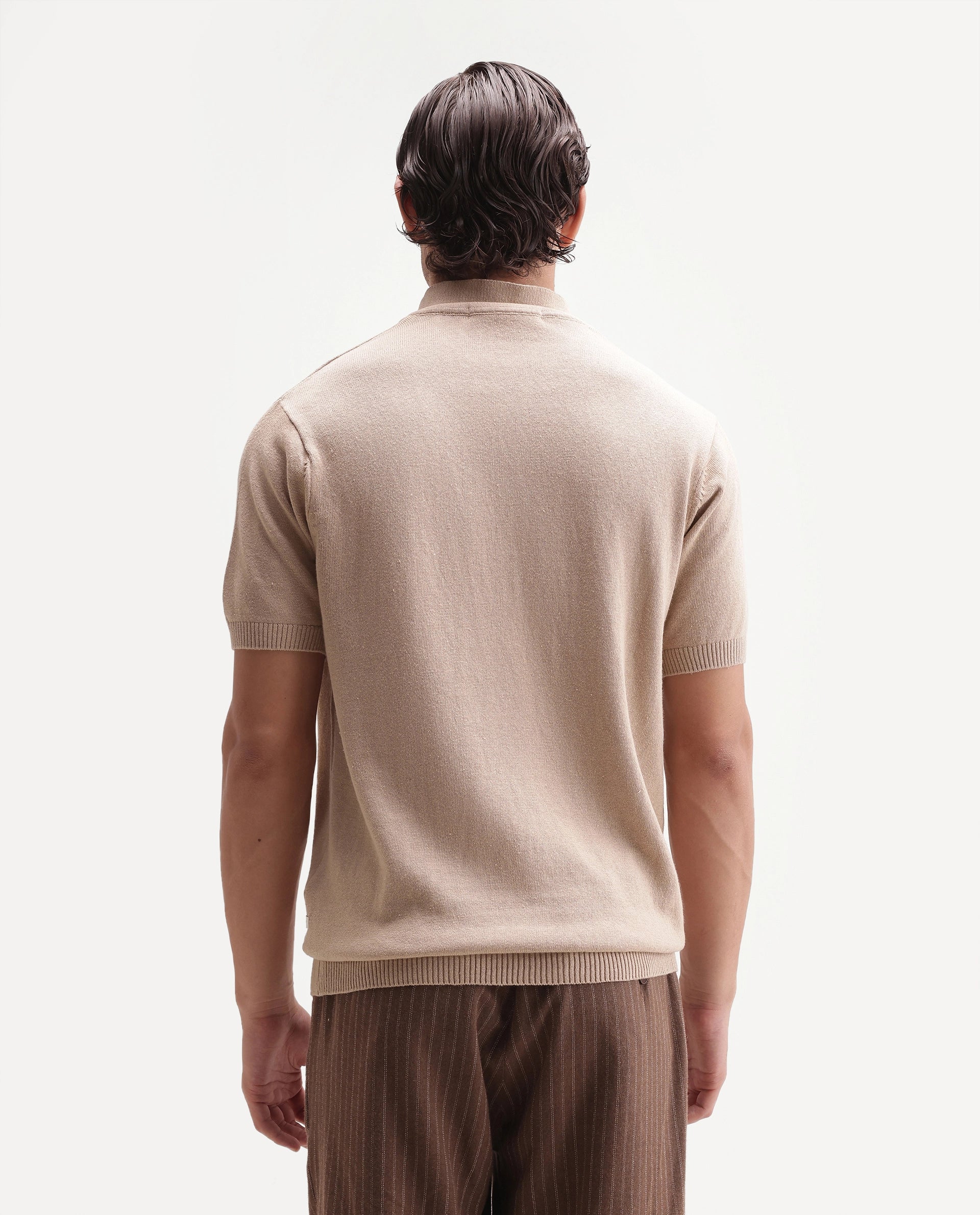 Rare Rabbit Men's Linok Light Beige Linen Blend Spread Collar Button Regular Plain Polo