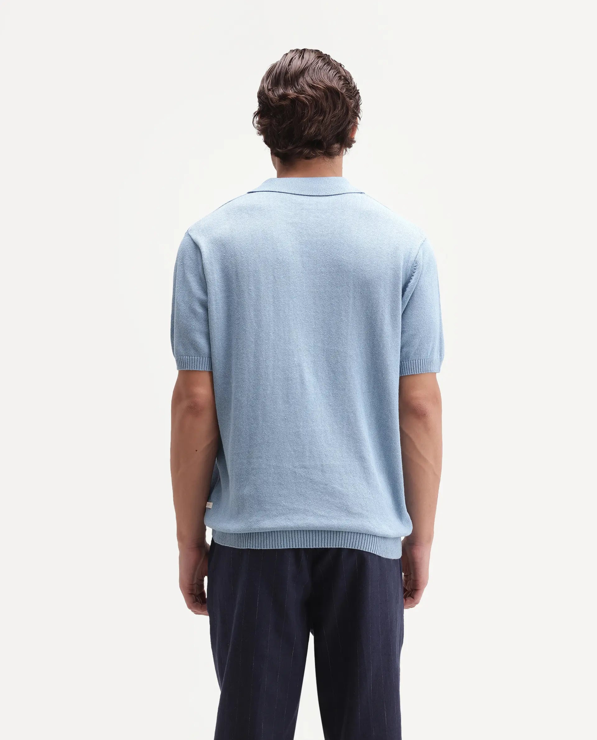 Rare Rabbit Men's Linok Light Blue Linen Blend Spread Collar Button Regular Plain Polo
