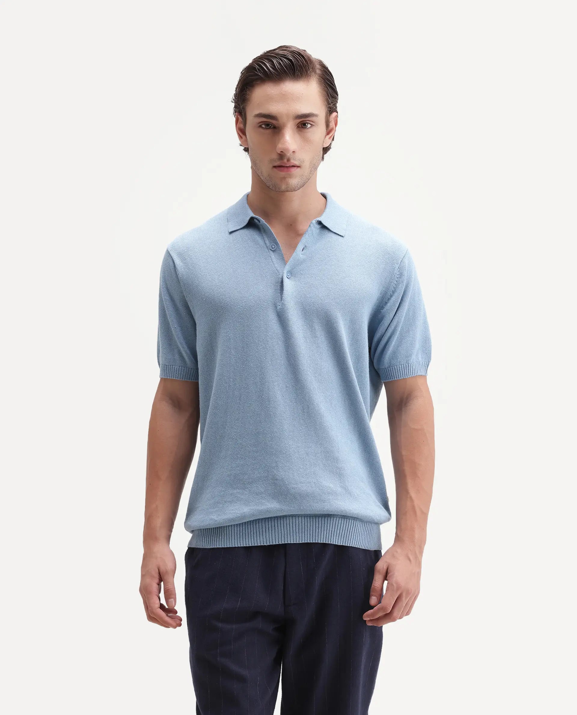 Rare Rabbit Men's Linok Light Blue Linen Blend Spread Collar Button Regular Plain Polo