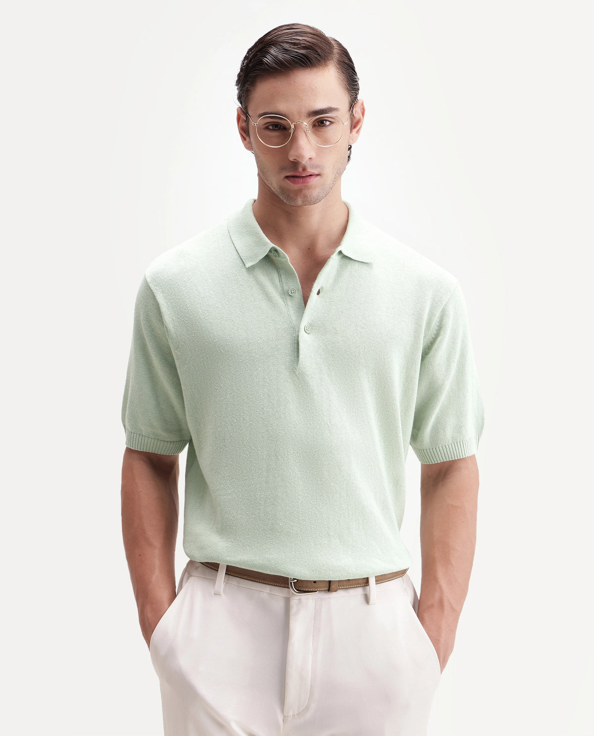 Rare Rabbit Men's Linok Light Green Linen Blend Spread Collar Button Regular Plain Polo
