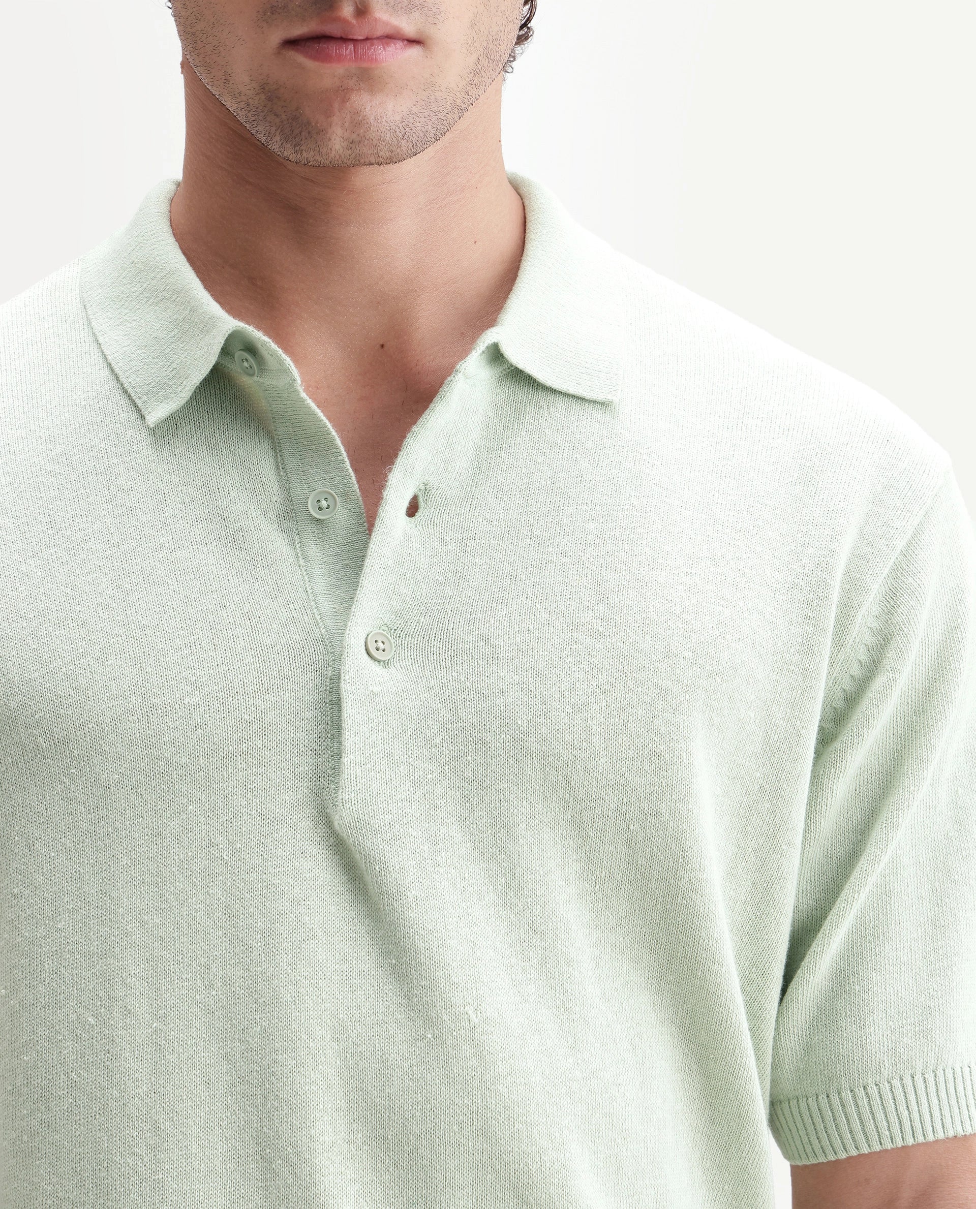 Rare Rabbit Men's Linok Light Green Linen Blend Spread Collar Button Regular Plain Polo