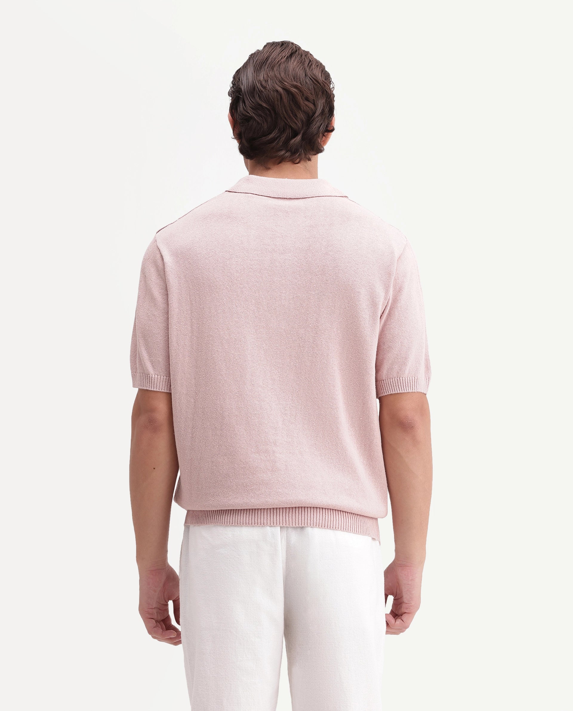 Rare Rabbit Men's Linok Light Pink Linen Blend Spread Collar Button Regular Plain Polo