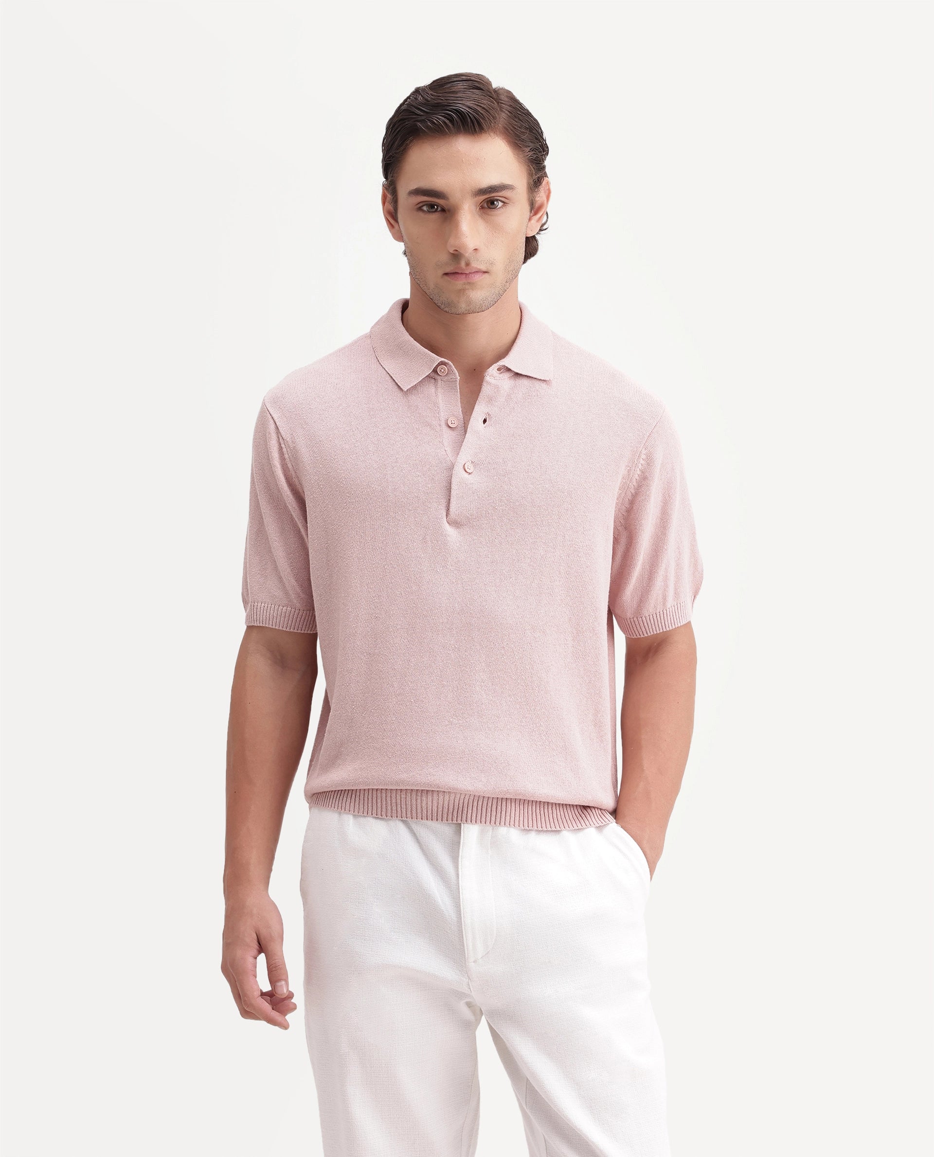 Rare Rabbit Men's Linok Light Pink Linen Blend Spread Collar Button Regular Plain Polo
