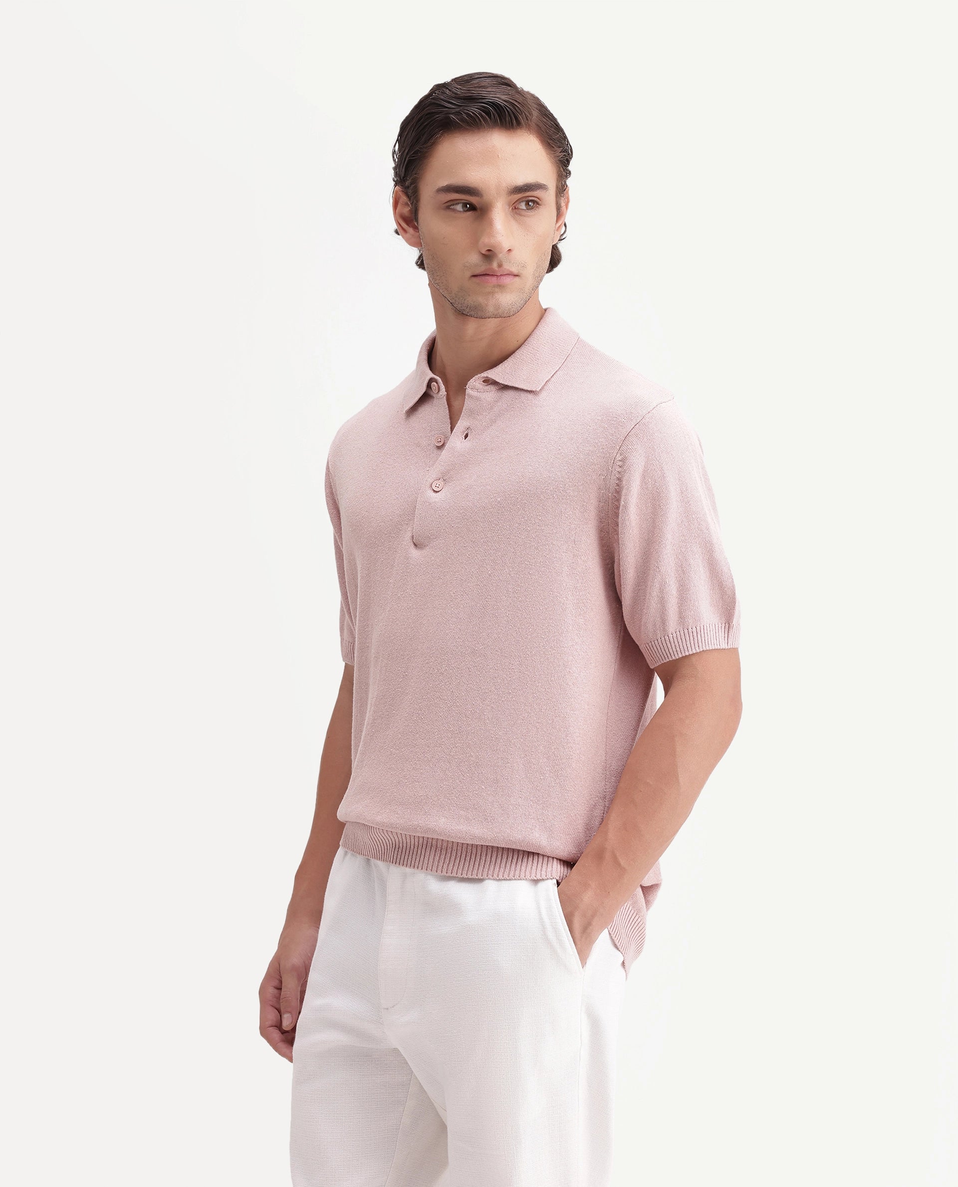 Rare Rabbit Men's Linok Light Pink Linen Blend Spread Collar Button Regular Plain Polo