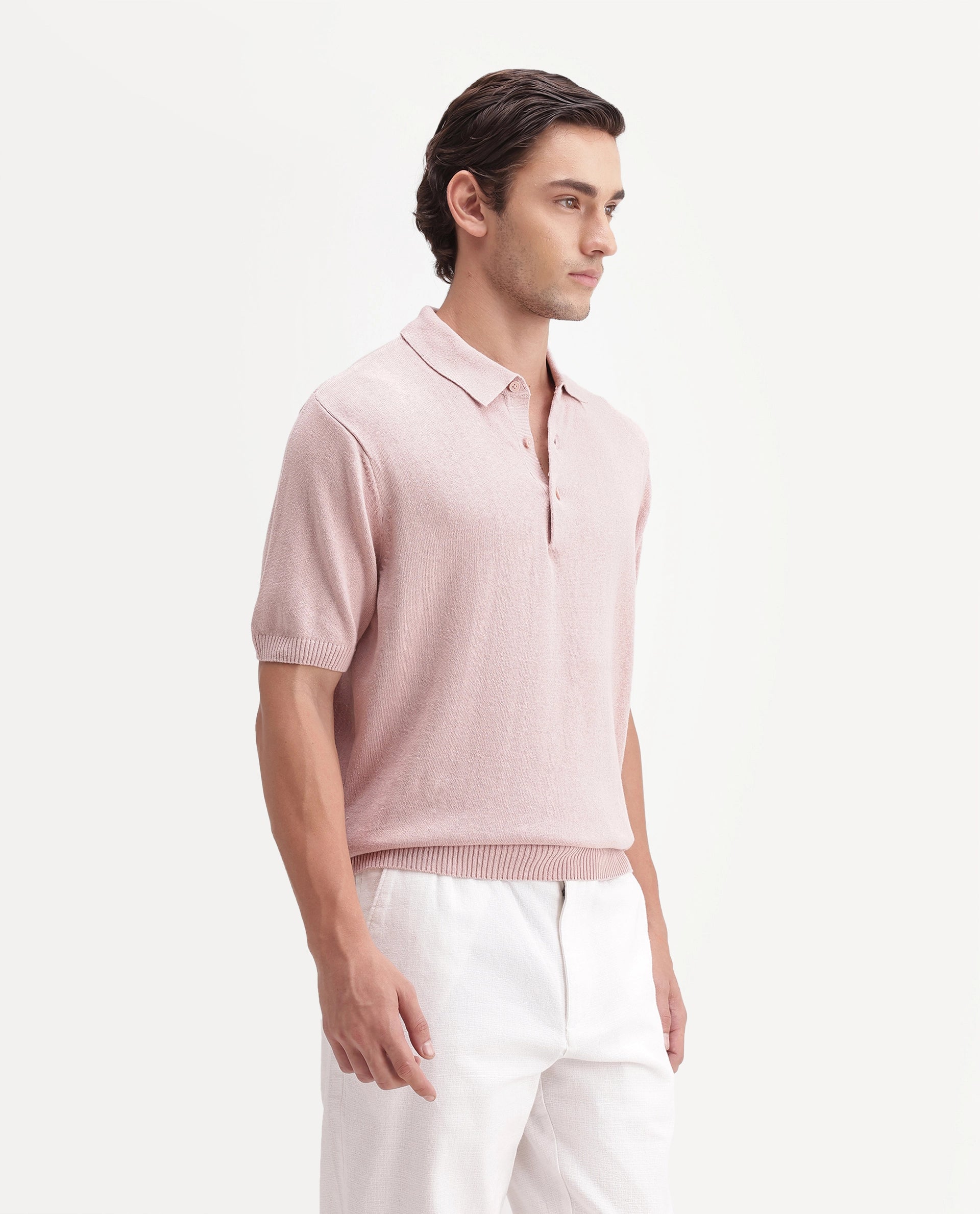 Rare Rabbit Men's Linok Light Pink Linen Blend Spread Collar Button Regular Plain Polo
