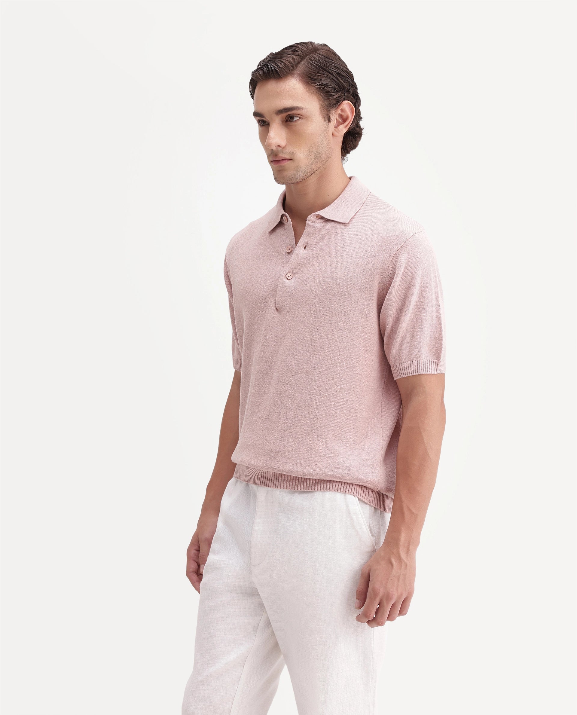 Rare Rabbit Men's Linok Light Pink Linen Blend Spread Collar Button Regular Plain Polo