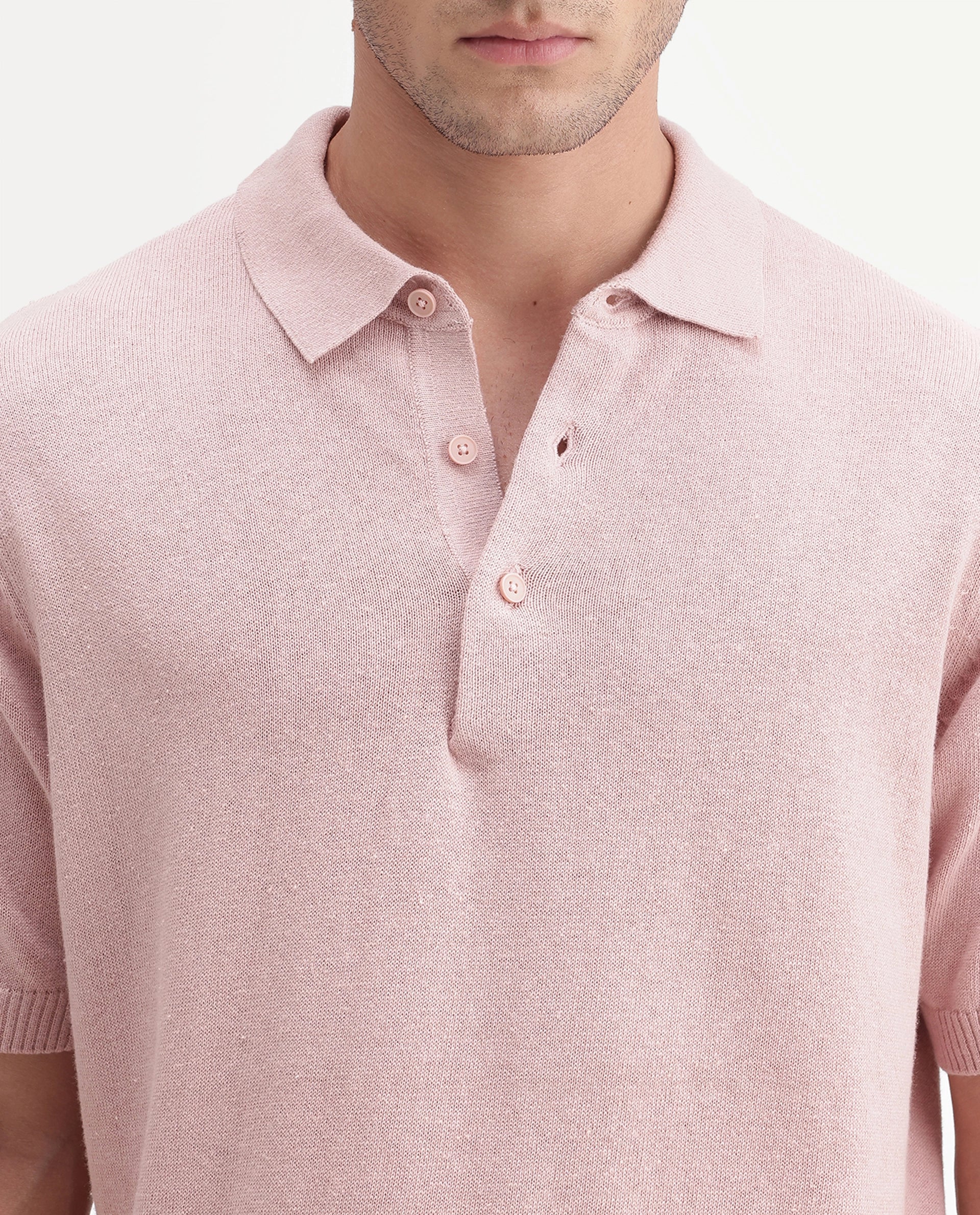 Rare Rabbit Men's Linok Light Pink Linen Blend Spread Collar Button Regular Plain Polo