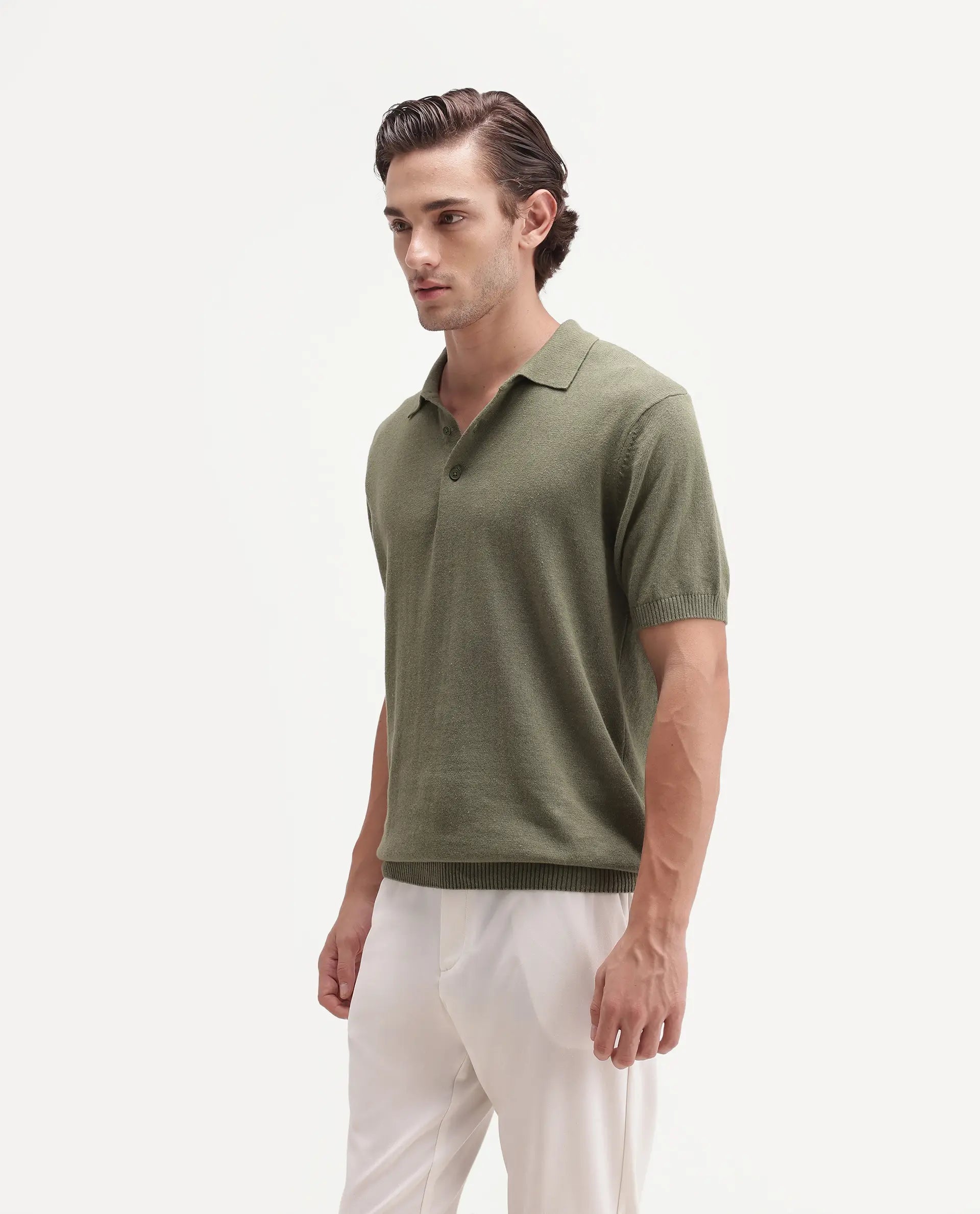 Rare Rabbit Men's Linok Green Linen Blend Spread Collar Button Regular Plain Polo