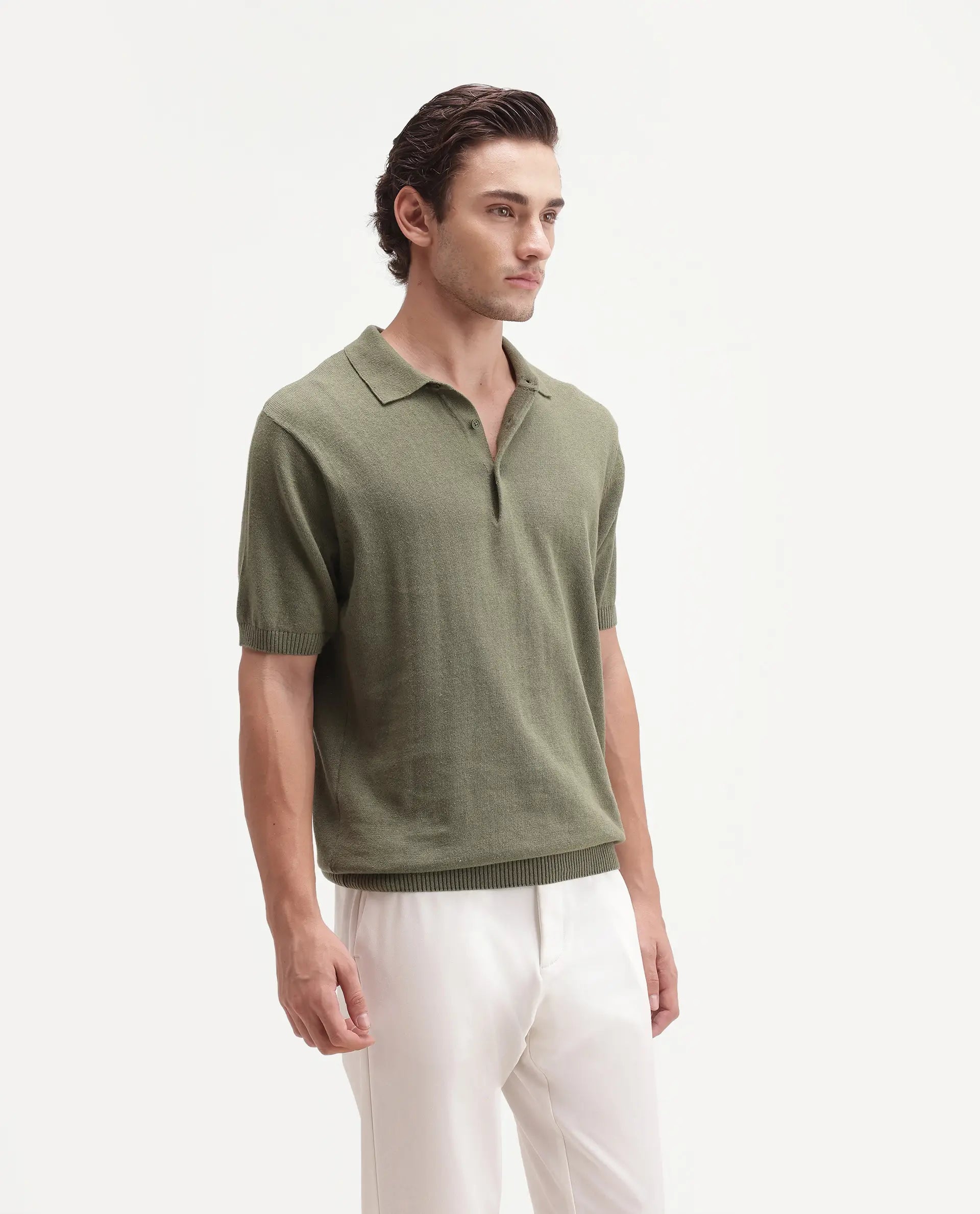 Rare Rabbit Men's Linok Green Linen Blend Spread Collar Button Regular Plain Polo