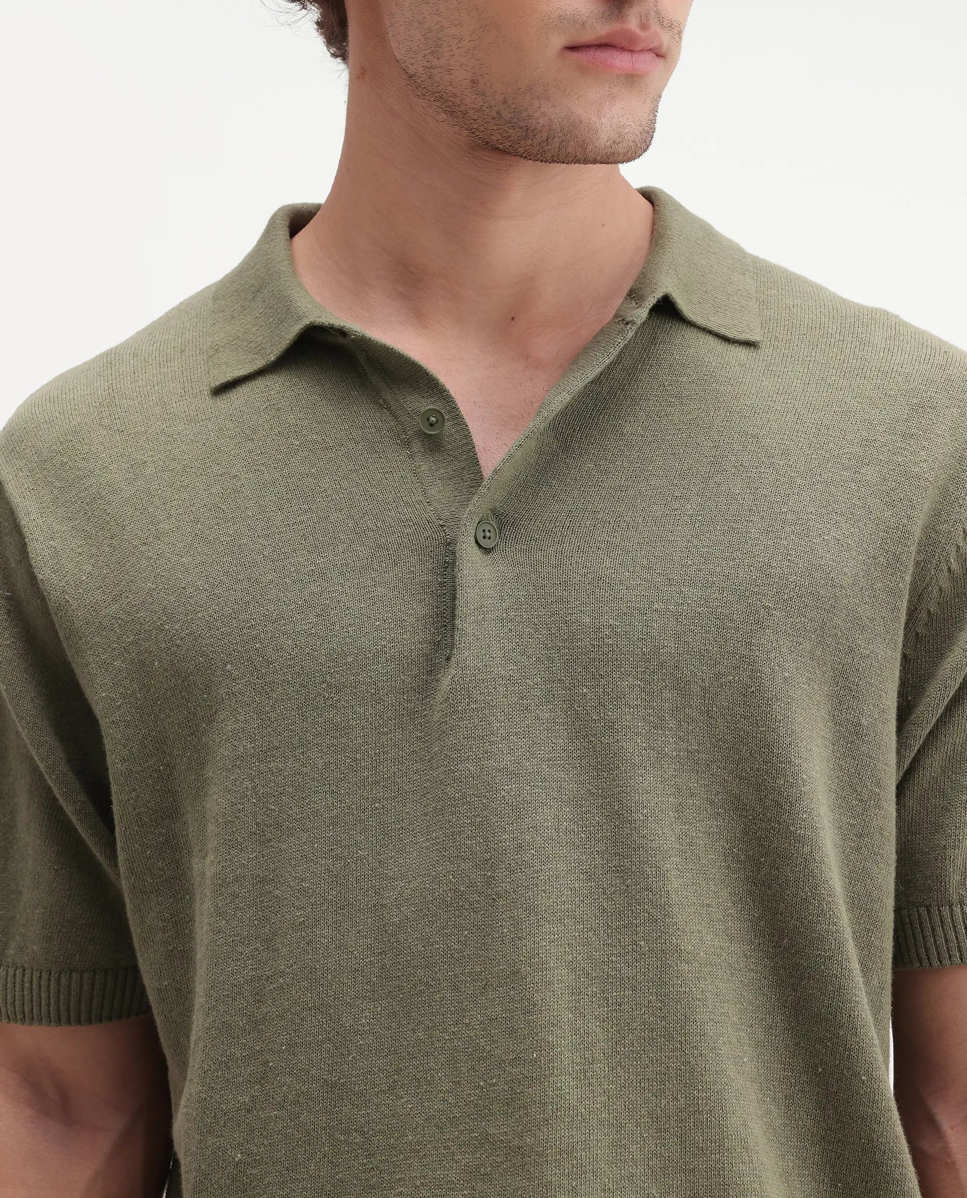 Rare Rabbit Men's Linok Green Linen Blend Spread Collar Button Regular Plain Polo