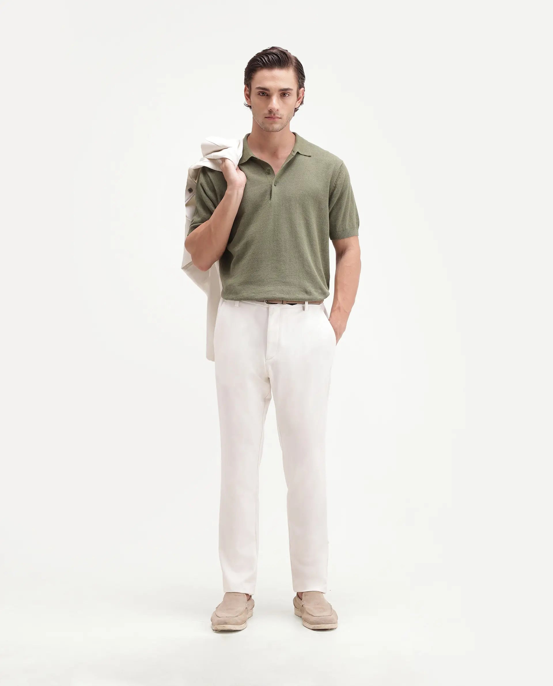 Rare Rabbit Men's Linok Green Linen Blend Spread Collar Button Regular Plain Polo