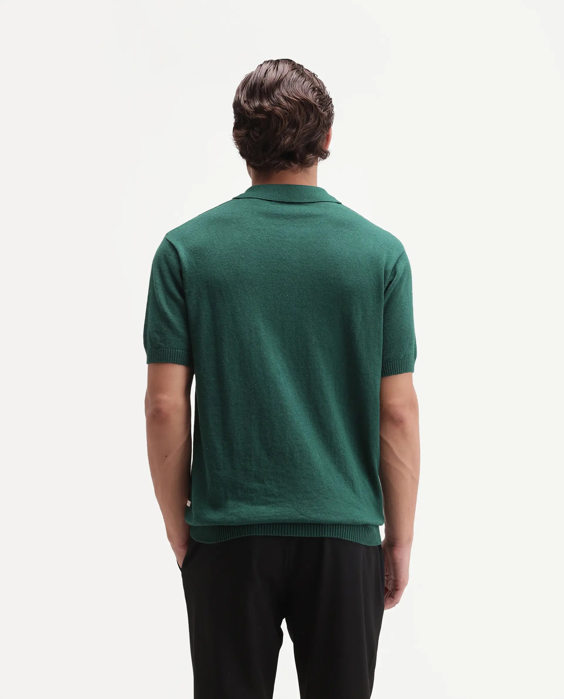 Rare Rabbit Men's Linop Dark Green Linen Blend Spread Collar Button Regular Plain Polo
