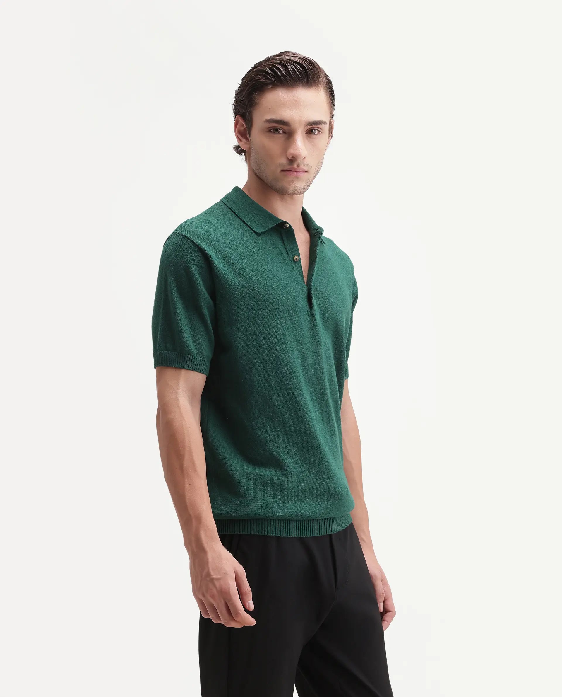 Rare Rabbit Men's Linop Dark Green Linen Blend Spread Collar Button Regular Plain Polo