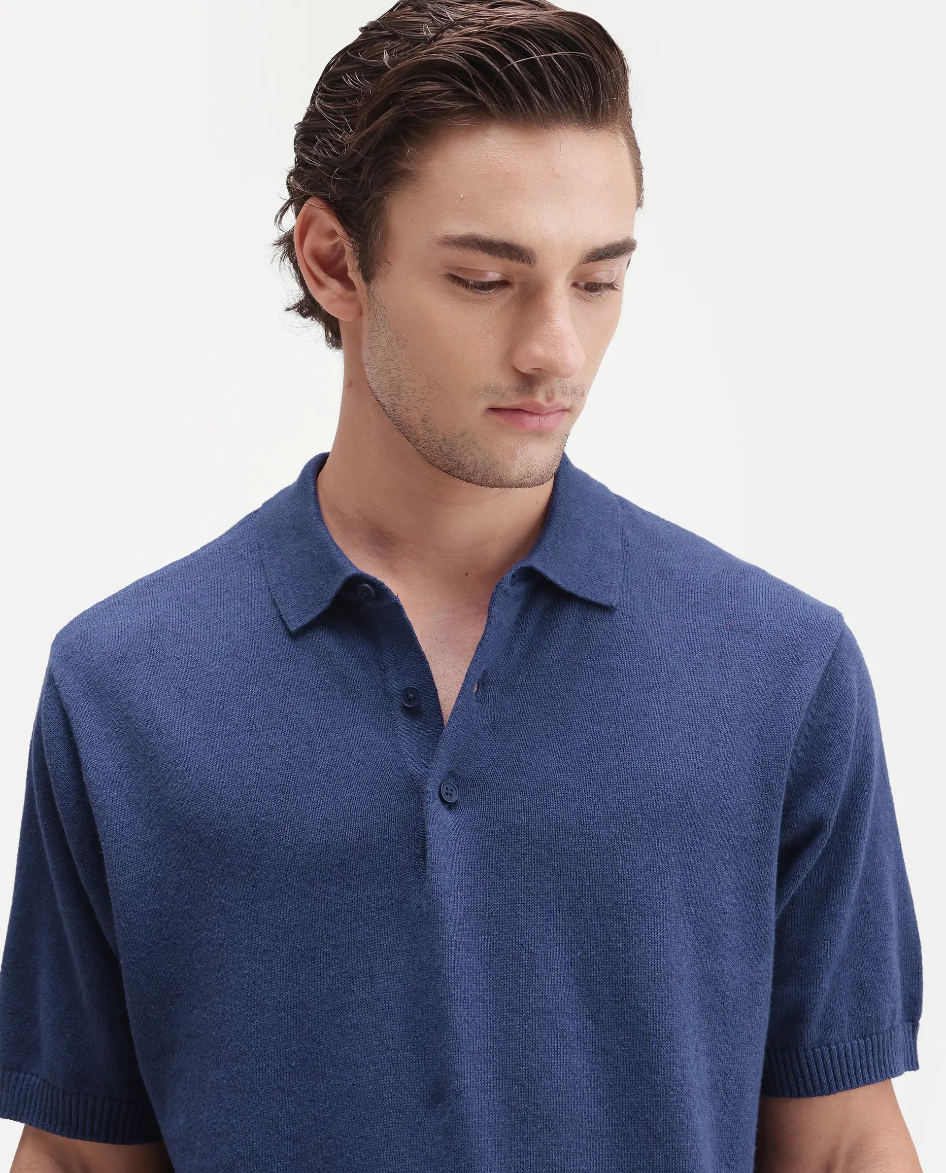 Rare Rabbit Men's Linop Dark Blue Linen Blend Spread Collar Button Regular Plain Polo