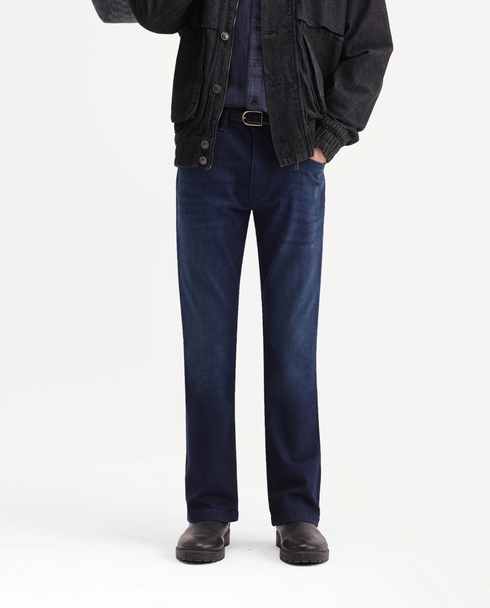 Rare Rabbit Men's Slig Dark Blue Cotton Blend Knox Bootcut Plain Jeans