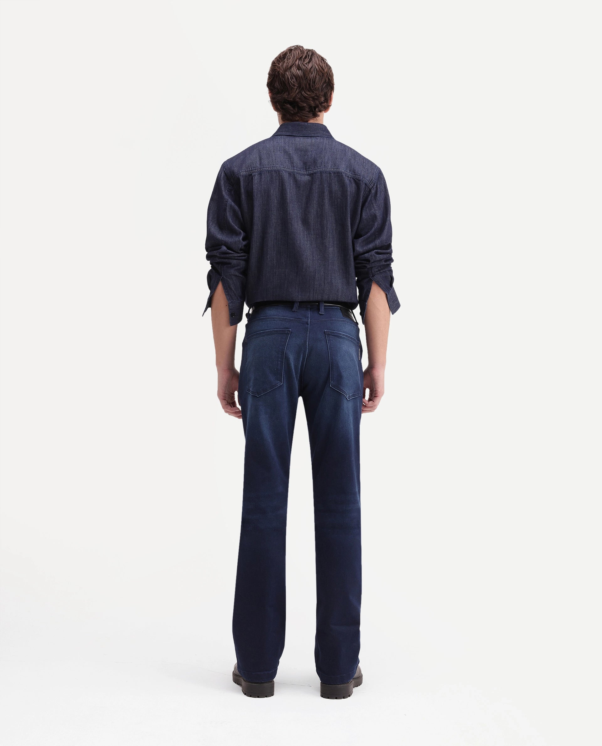 Rare Rabbit Men's Slig Dark Blue Cotton Blend Knox Bootcut Plain Jeans