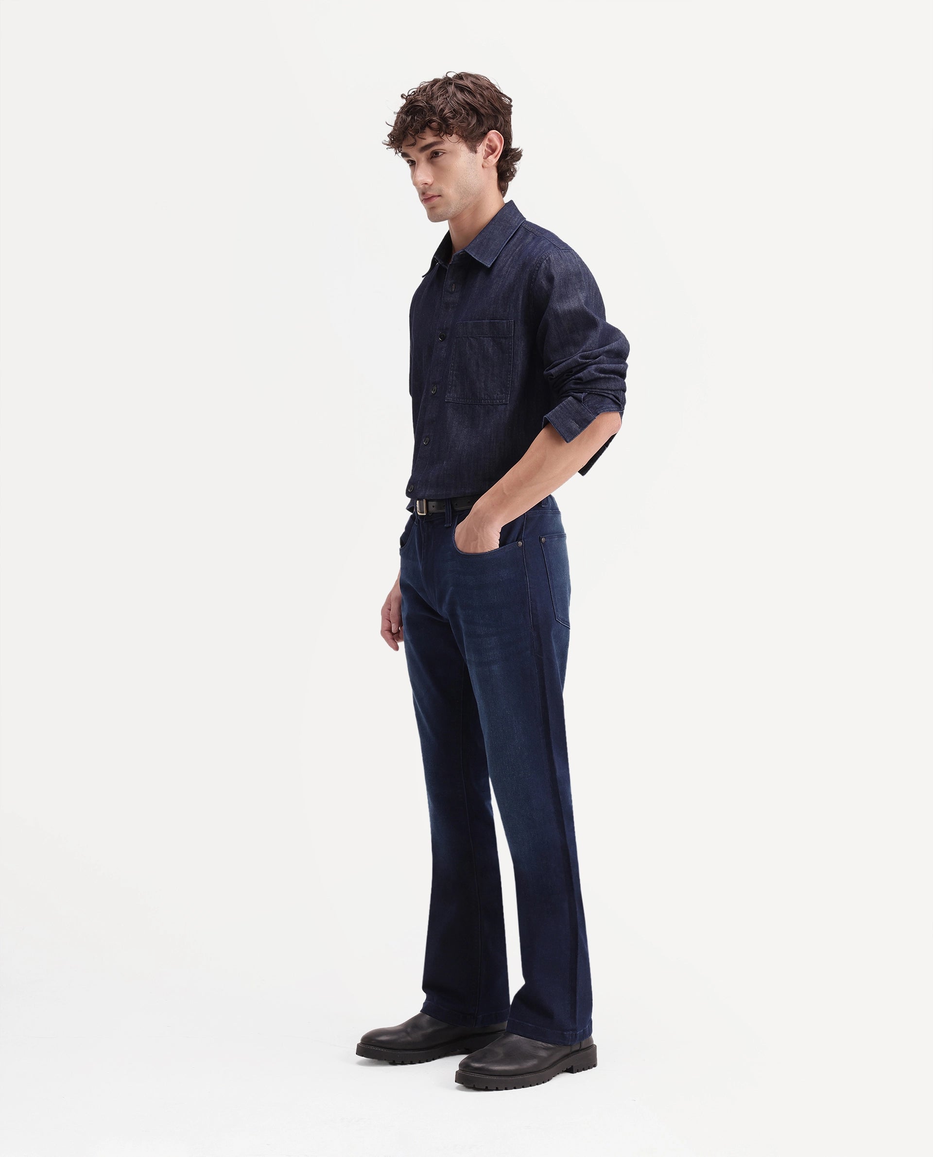 Rare Rabbit Men's Slig Dark Blue Cotton Blend Knox Bootcut Plain Jeans
