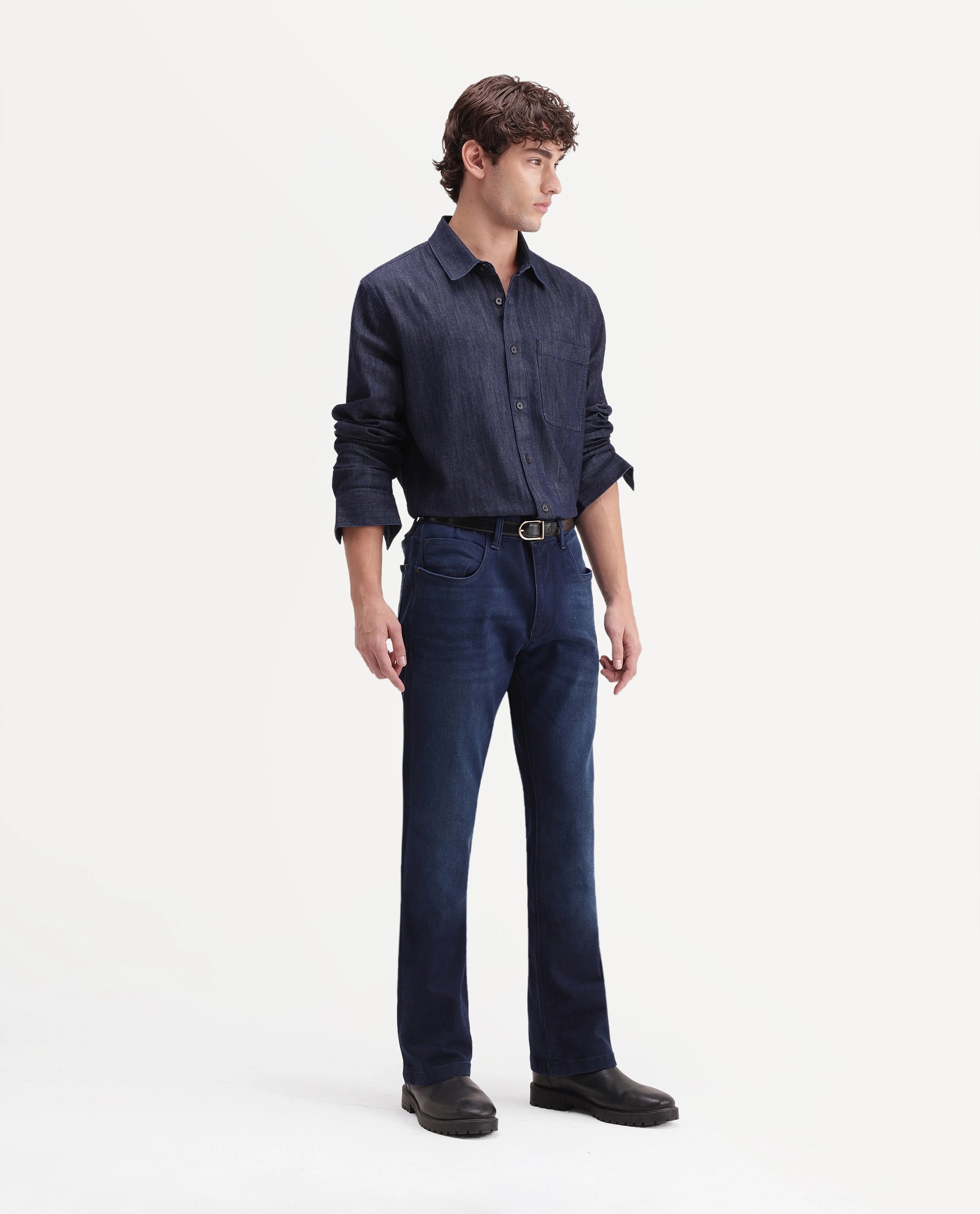 Rare Rabbit Men's Slig Dark Blue Cotton Blend Knox Bootcut Plain Jeans