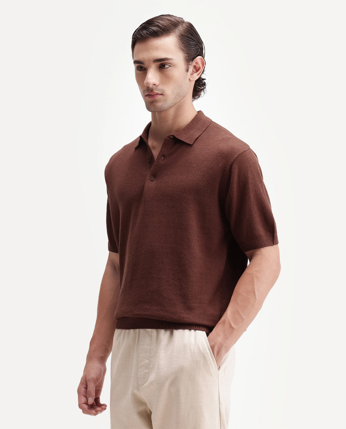 Rare Rabbit Men's Linop Brown Linen Blend Spread Collar Button Regular Plain Polo