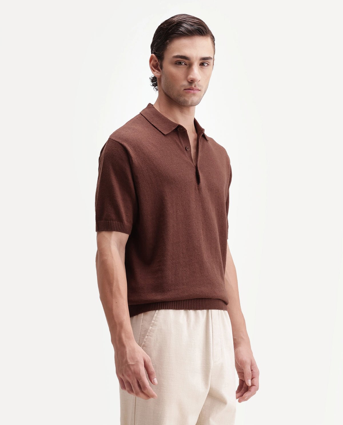 Rare Rabbit Men's Linop Brown Linen Blend Spread Collar Button Regular Plain Polo