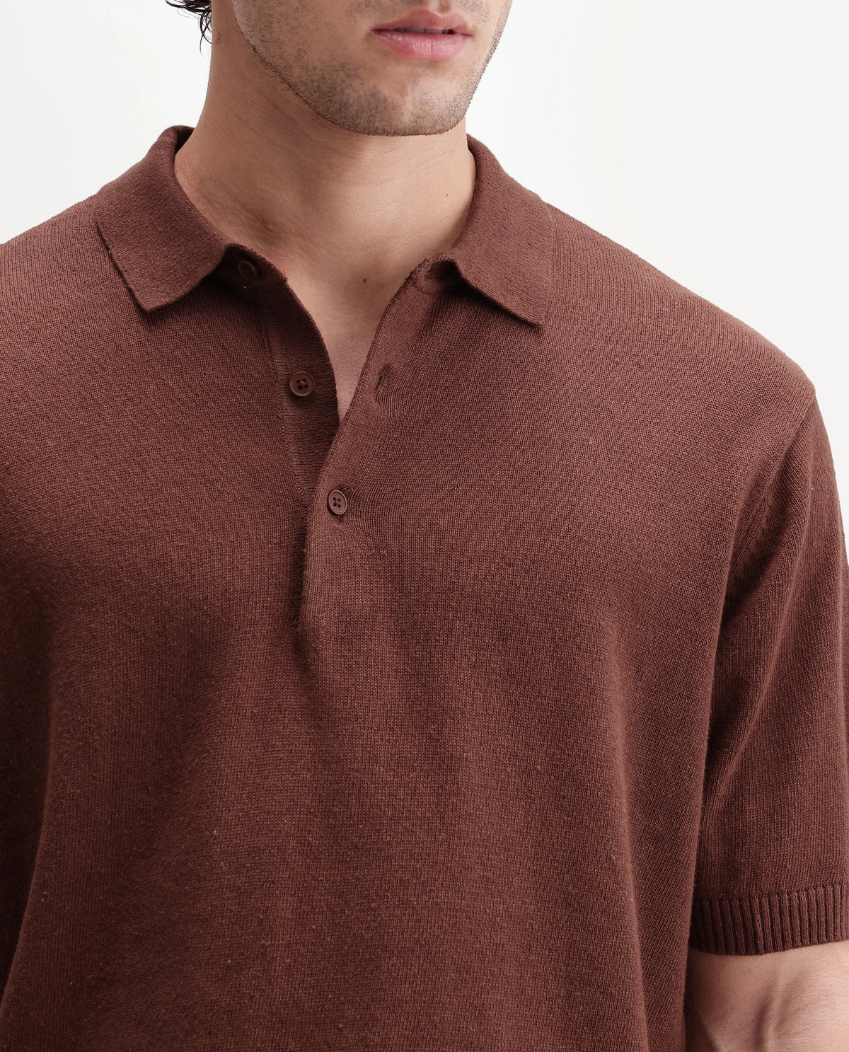Rare Rabbit Men's Linop Brown Linen Blend Spread Collar Button Regular Plain Polo