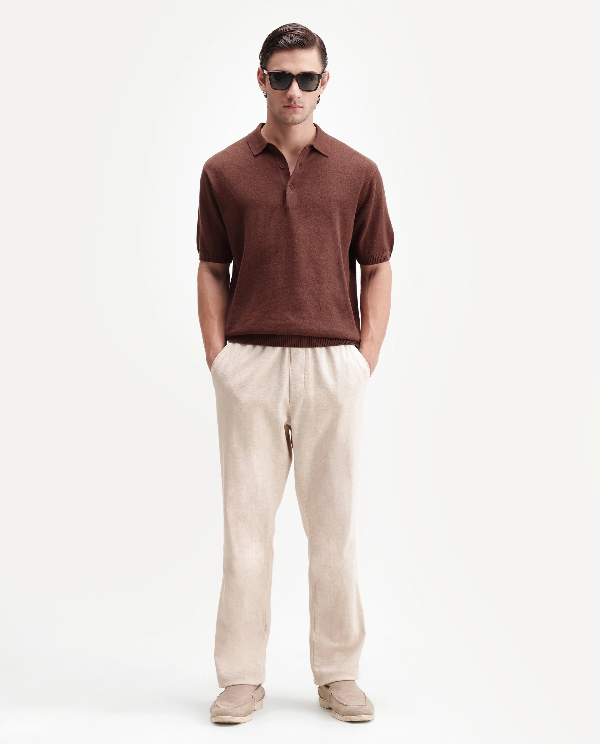 Rare Rabbit Men's Linop Brown Linen Blend Spread Collar Button Regular Plain Polo