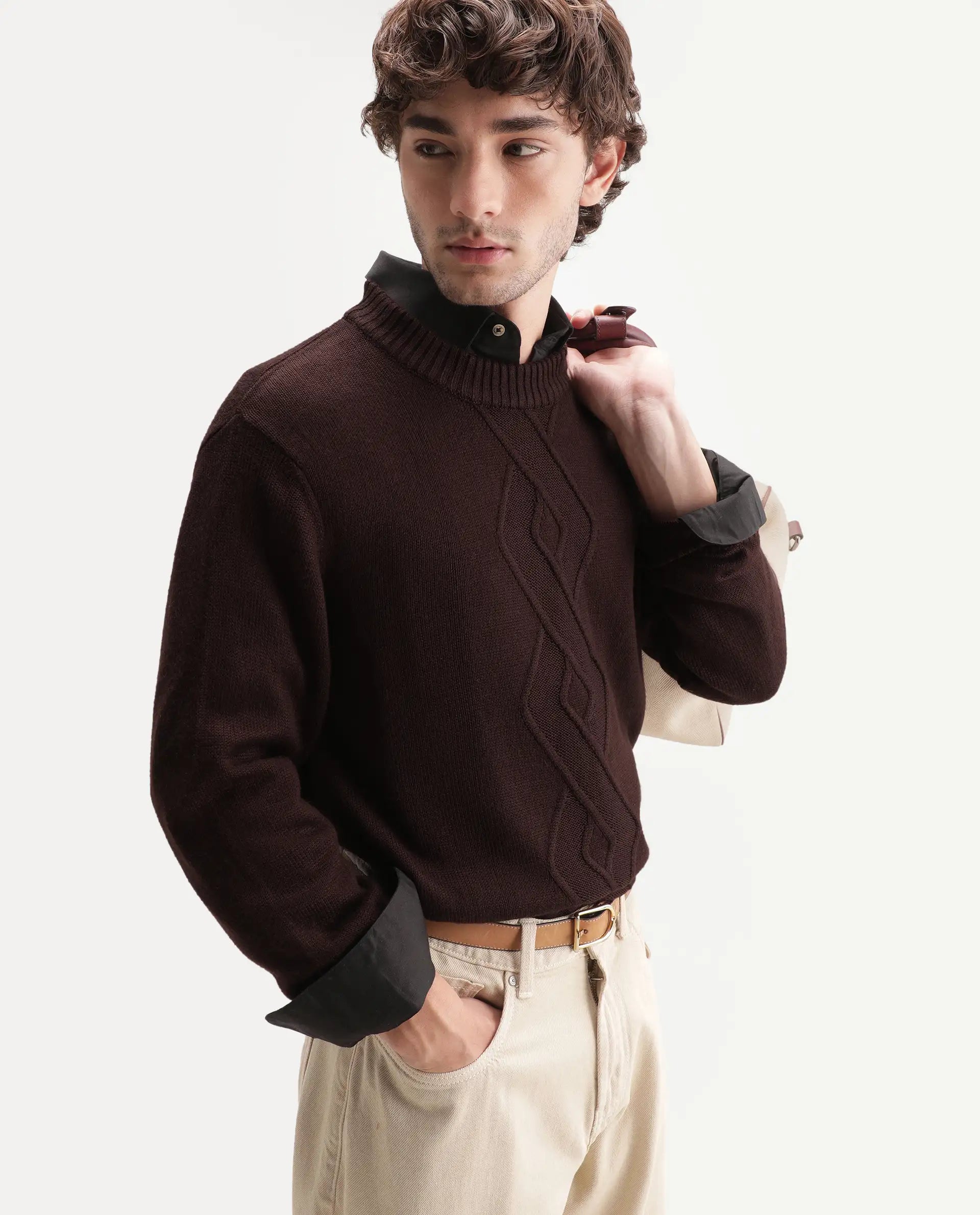 Rare Rabbit Men's Frab Brown Acrylic Crew Neck Regular Fit Jacquard Sweater