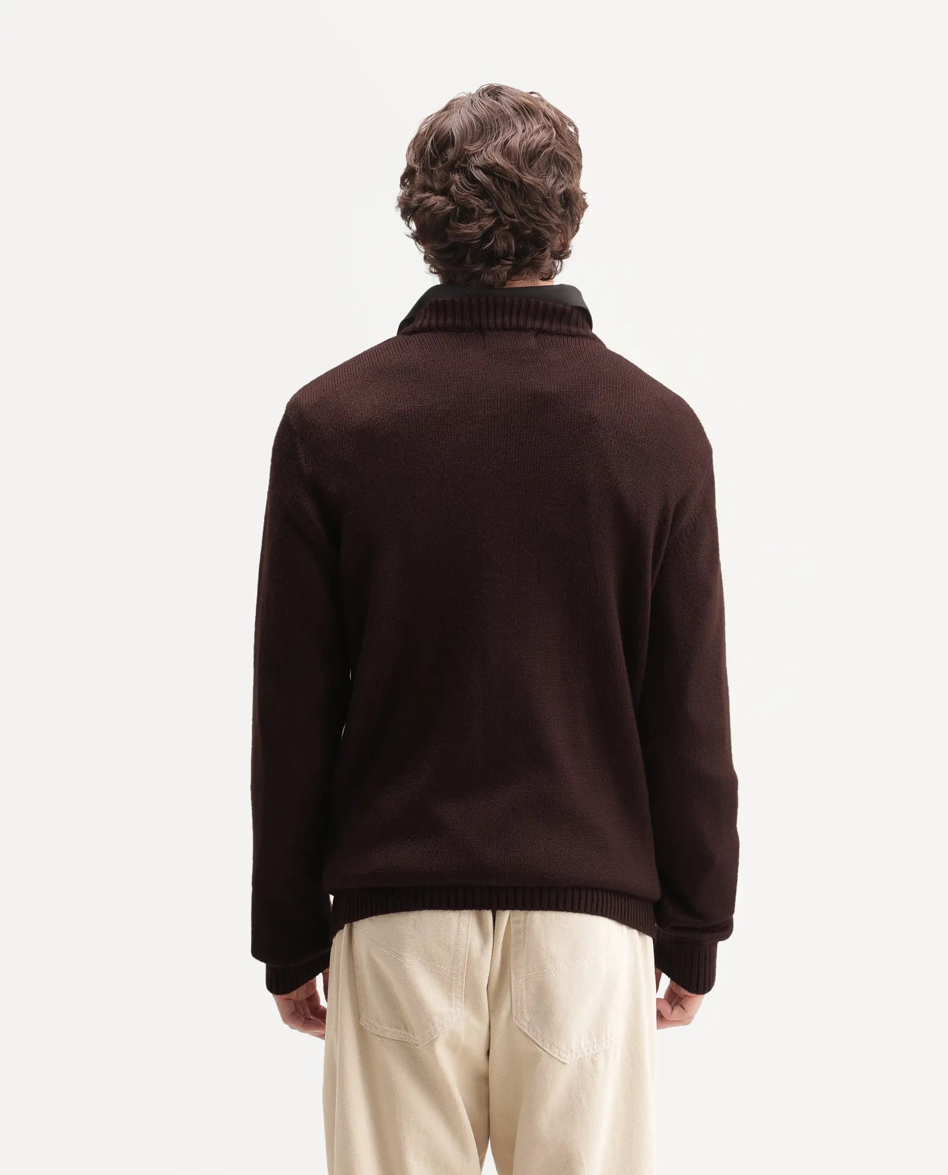 Rare Rabbit Men's Frab Brown Acrylic Crew Neck Regular Fit Jacquard Sweater