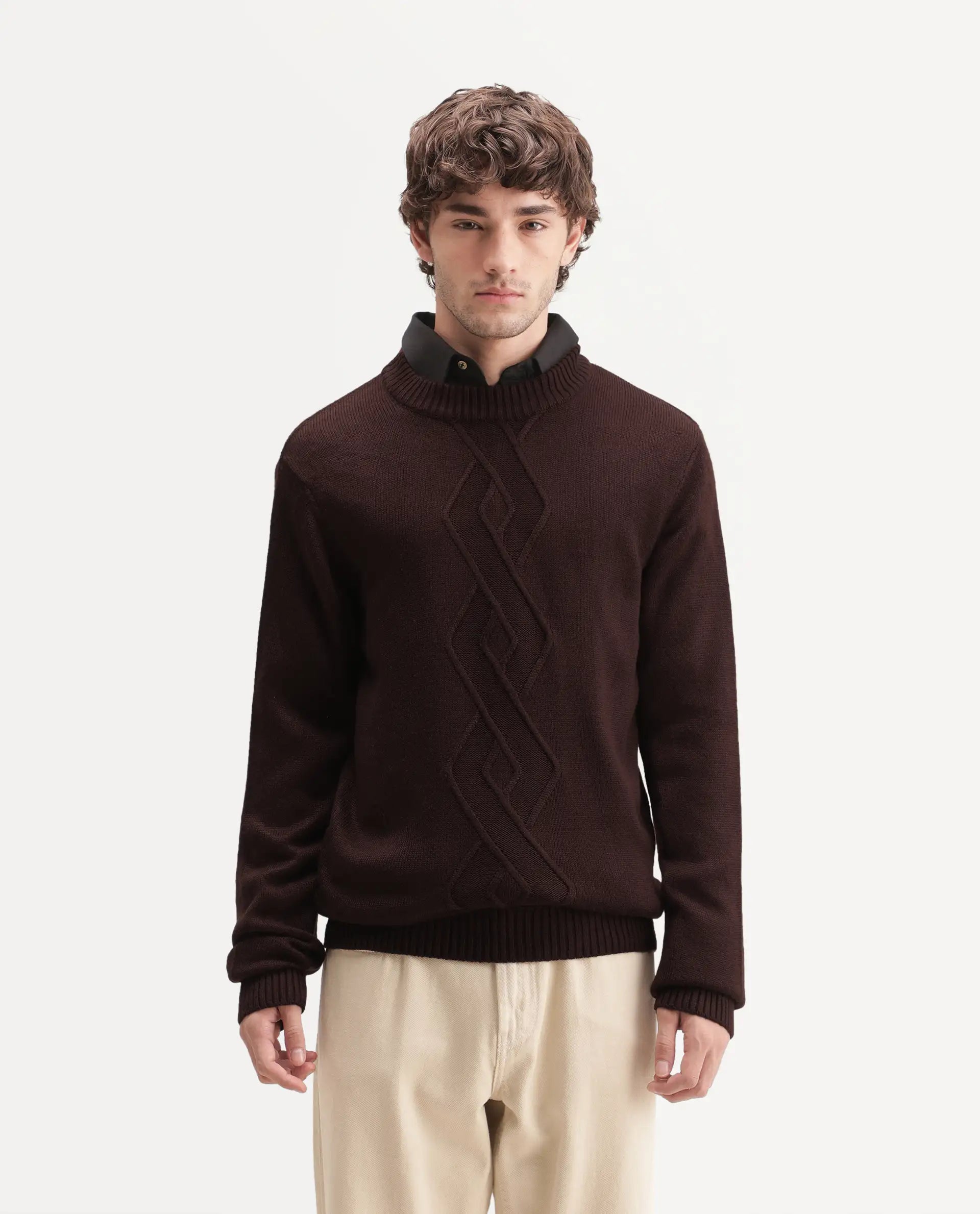 Rare Rabbit Men's Frab Brown Acrylic Crew Neck Regular Fit Jacquard Sweater